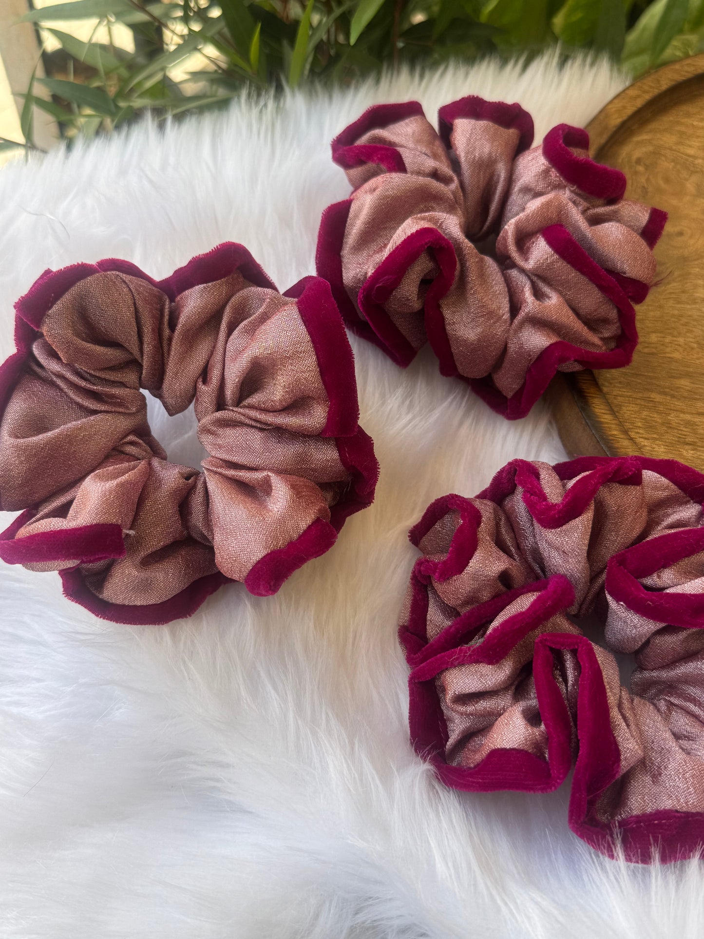 Collection of Damask Roses Scrunchies – XL-sized silk and velvet scrunchies in a stunning metallic pastel pink with a deep pink outline