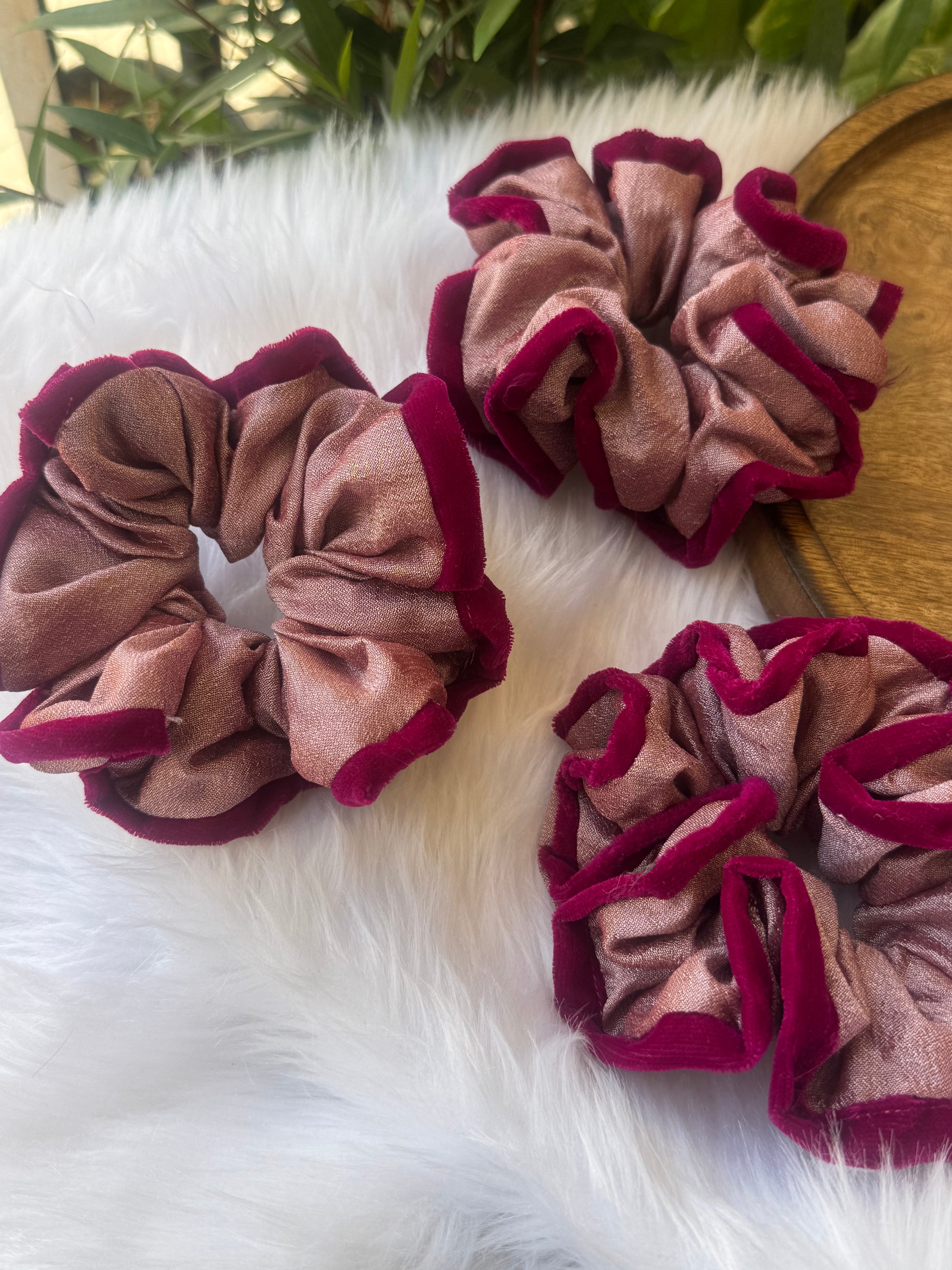 Collection of Damask Roses Scrunchies – XL-sized silk and velvet scrunchies in a stunning metallic pastel pink with a deep pink outline