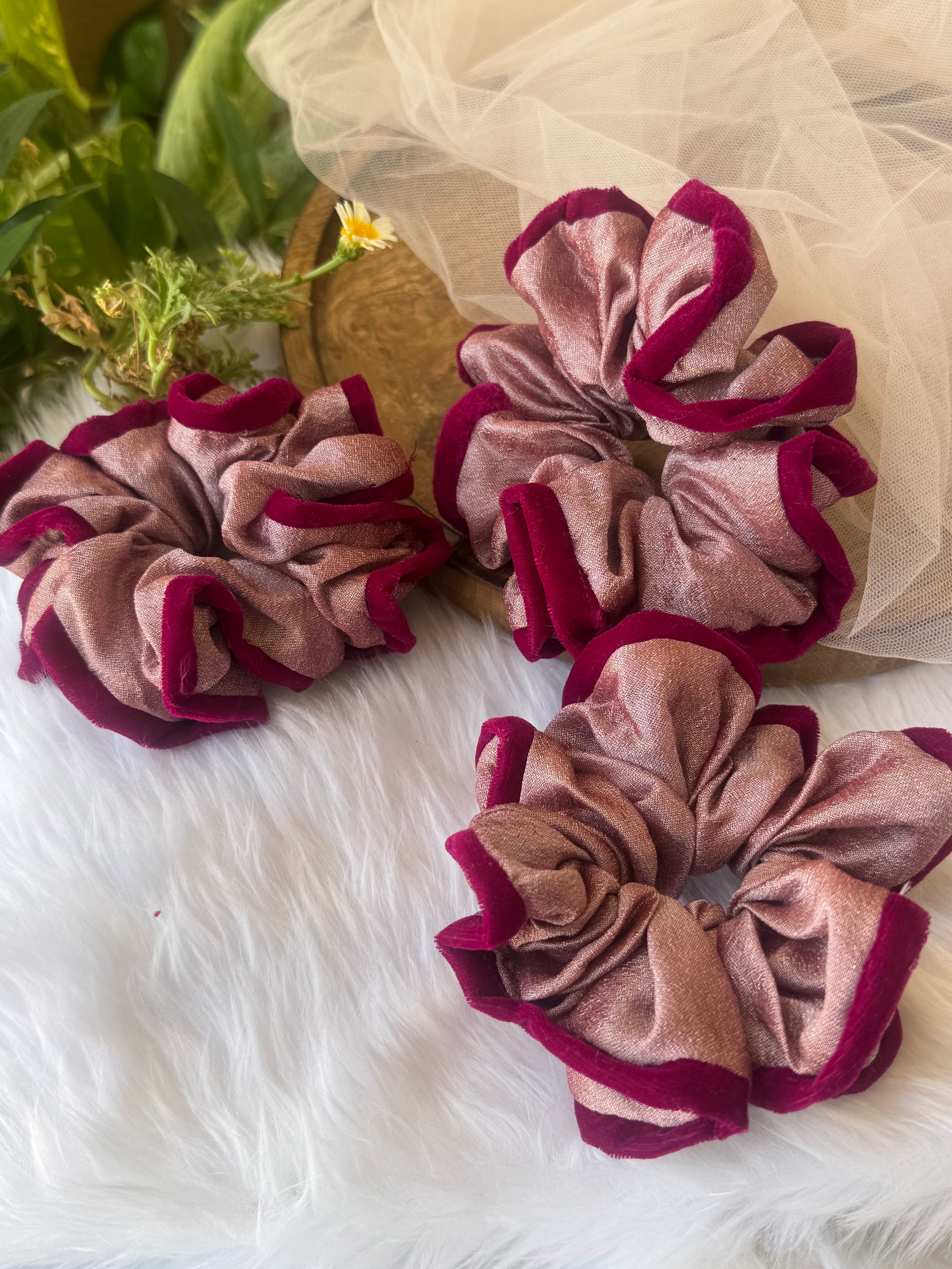 Collection of Damask Roses Scrunchies – XL-sized silk and velvet scrunchies in a stunning metallic pastel pink with a deep pink outline