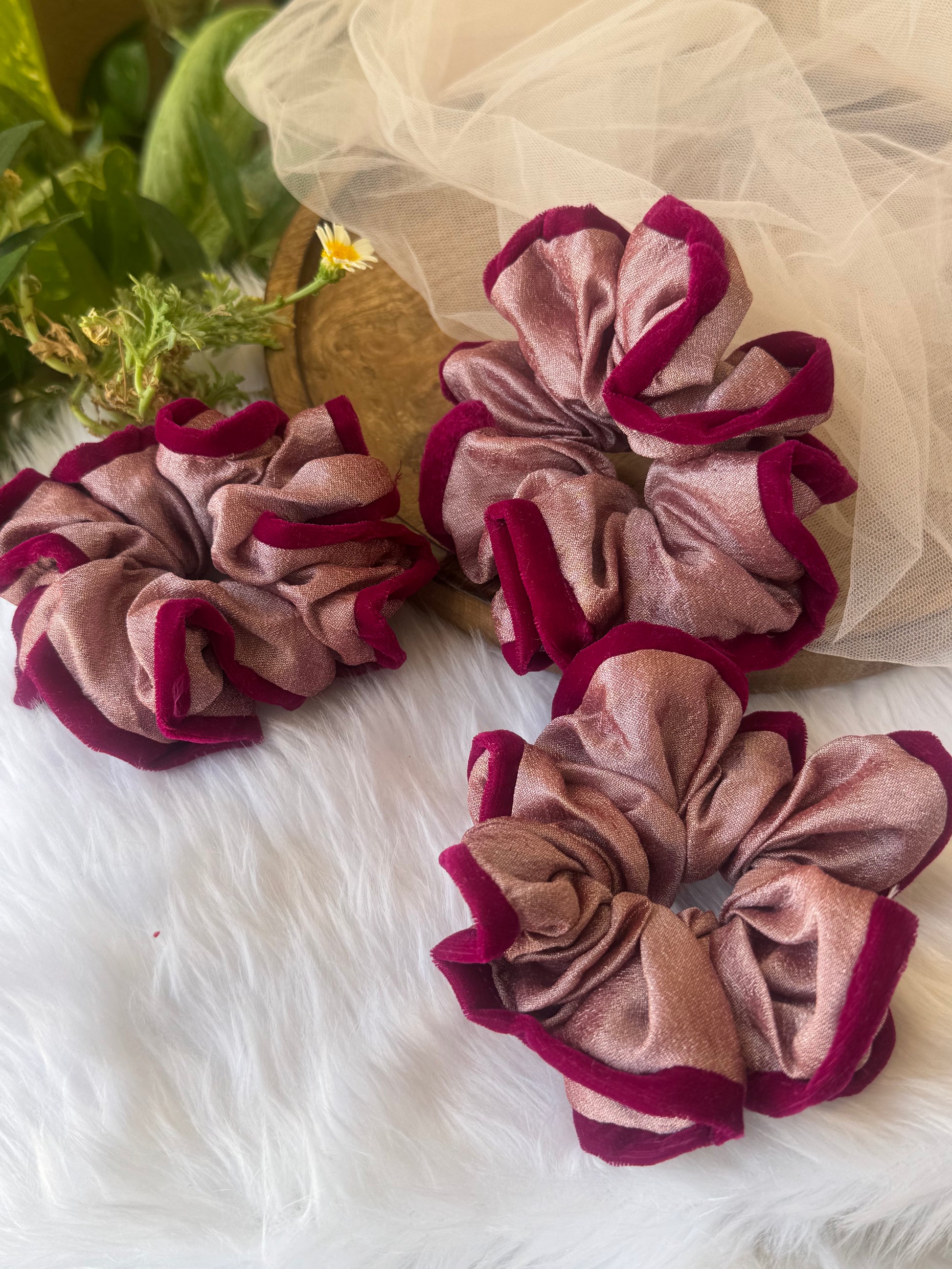 Collection of Damask Roses Scrunchies – XL-sized silk and velvet scrunchies in a stunning metallic pastel pink with a deep pink outline