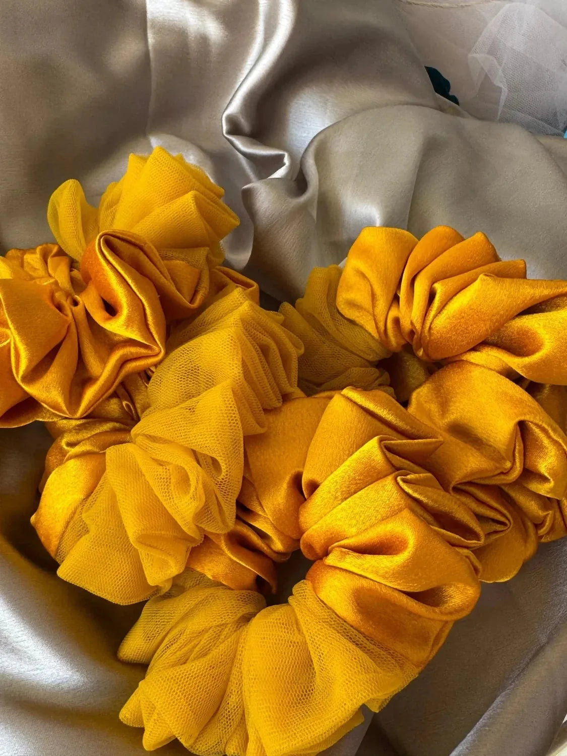 Bows and Bags India | Amber Sun - Radiant Mustard Yellow Satin - Net Scrunchie - L size | lifestyle shot | handmade hair acce