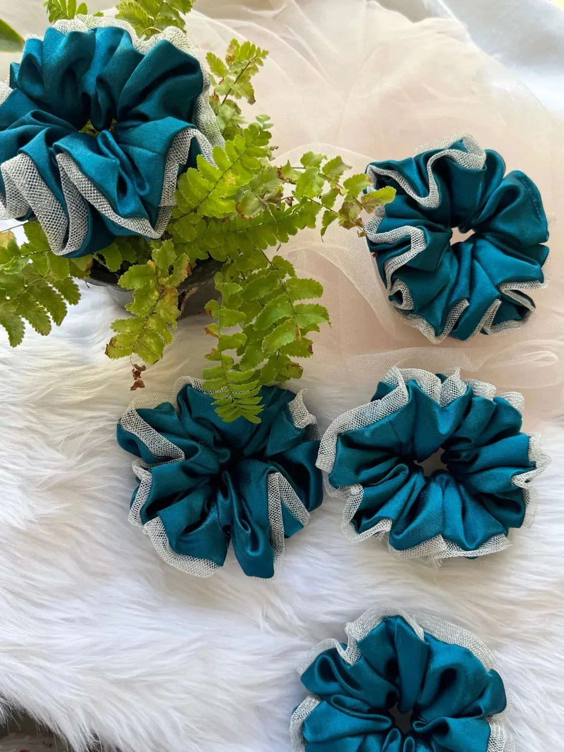 Bows and Bags India | Asian Blue - Luxurious Satin & Net Scrunchie- L Size | side view | handmade hair accessories India