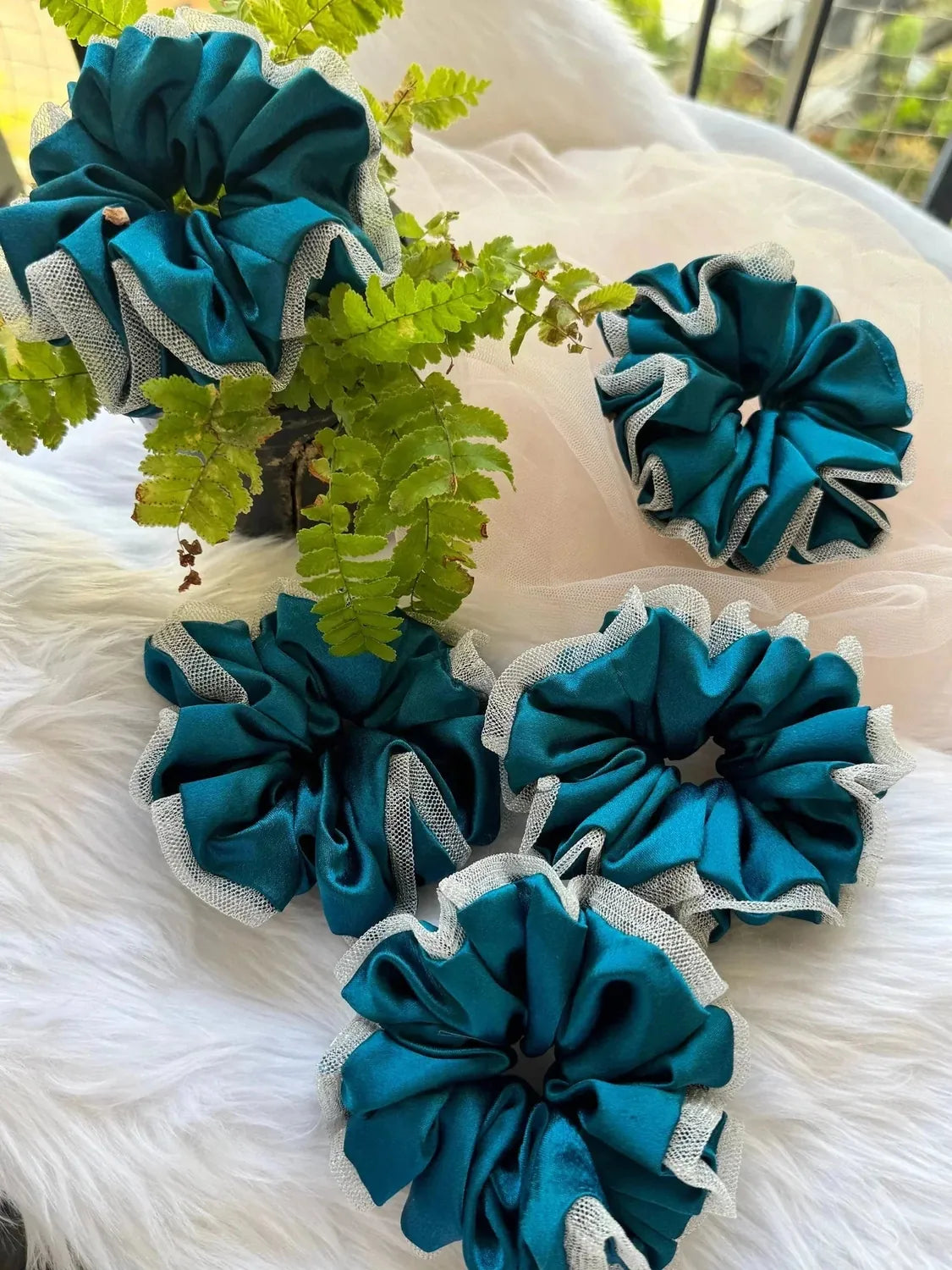 Bows and Bags India | Asian Blue - Luxurious Satin & Net Scrunchie- L Size | detail view | handmade hair accessories India