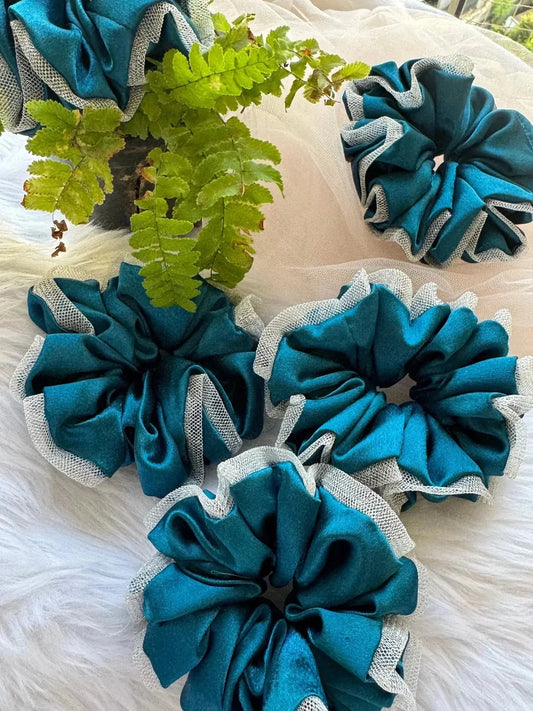 Bows and Bags India | Asian Blue - Luxurious Satin & Net Scrunchie- L Size | front view | handmade hair accessories India