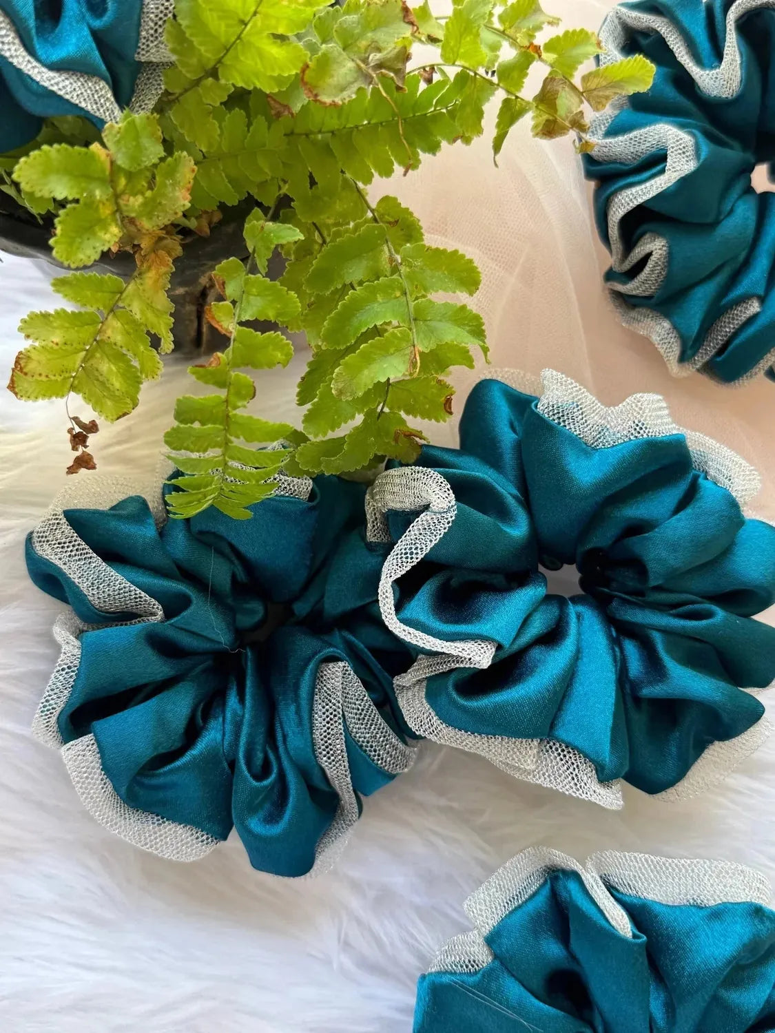 Bows and Bags India | Asian Blue - Luxurious Satin & Net Scrunchie- L Size | side view | handmade hair accessories India