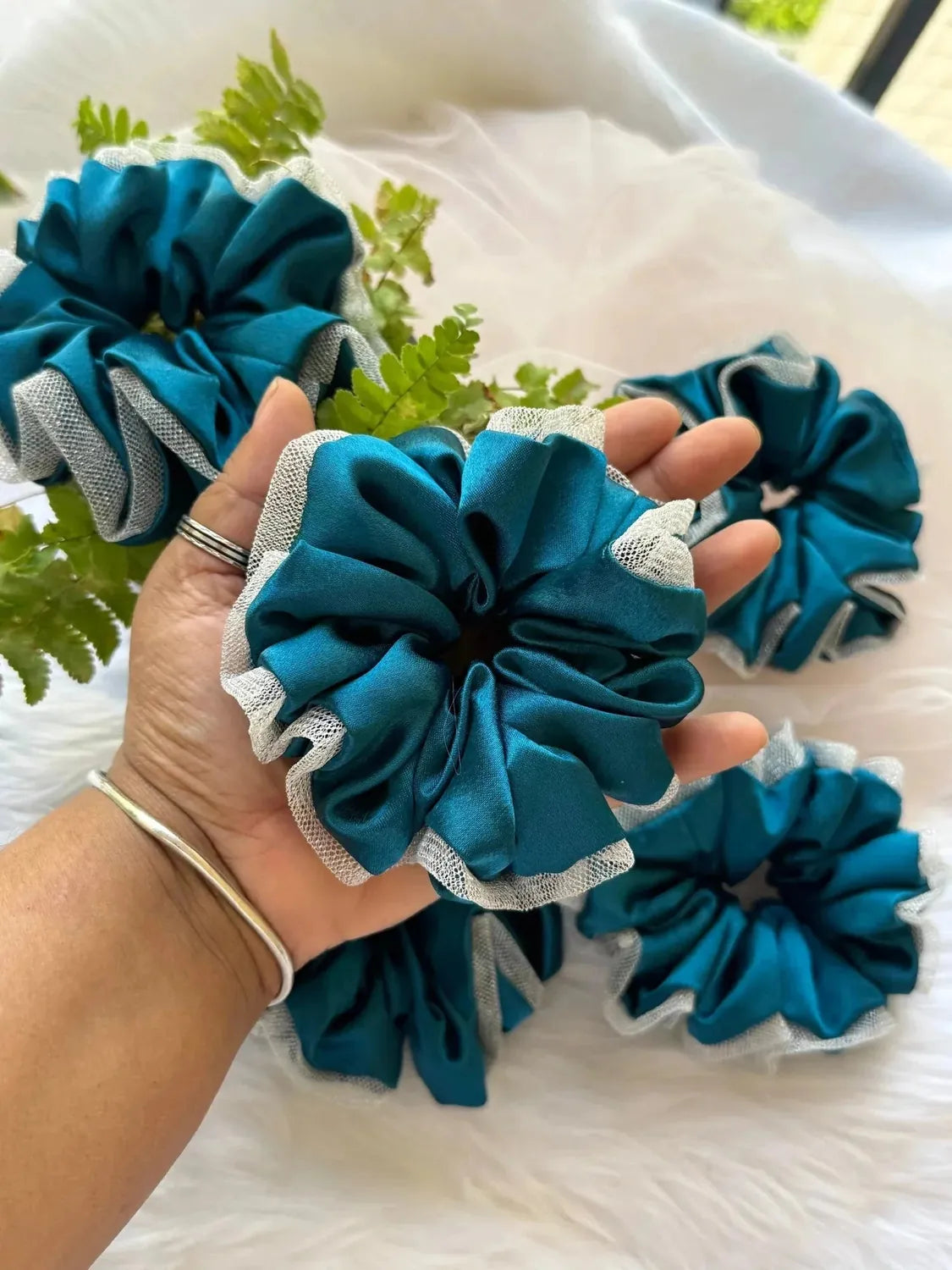 Bows and Bags India | Asian Blue - Luxurious Satin & Net Scrunchie- L Size | detail view | handmade hair accessories India
