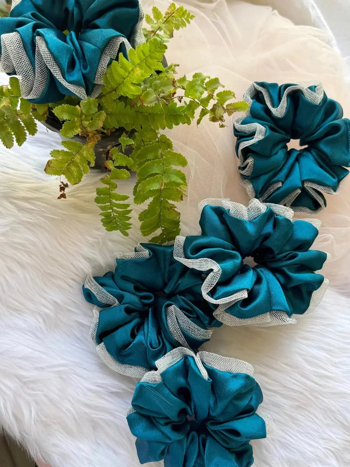 Bows and Bags India | Asian Blue - Luxurious Satin & Net Scrunchie- L Size | in use | handmade hair accessories India