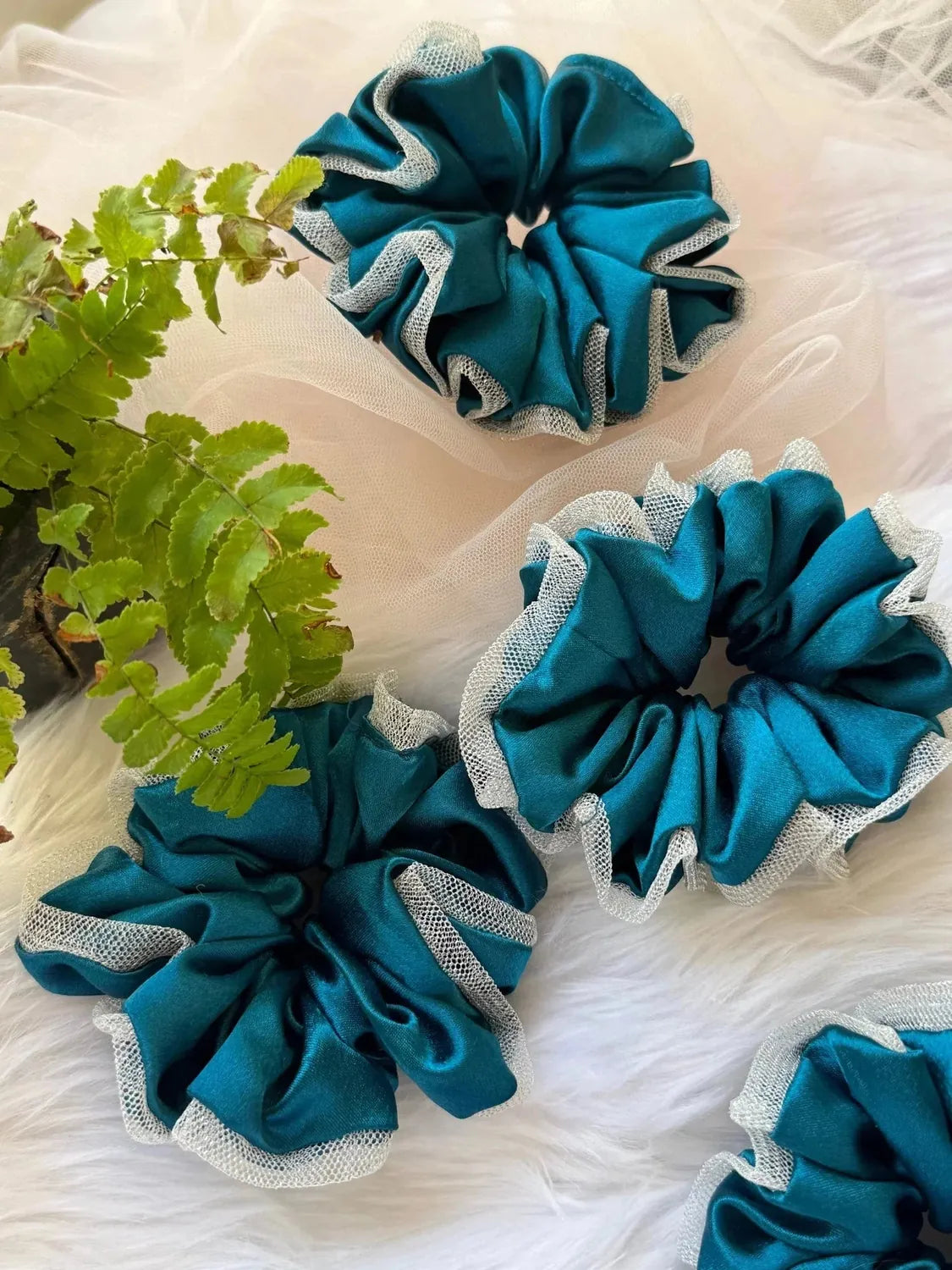 Bows and Bags India | Asian Blue - Luxurious Satin & Net Scrunchie- L Size | packaging | handmade hair accessories India