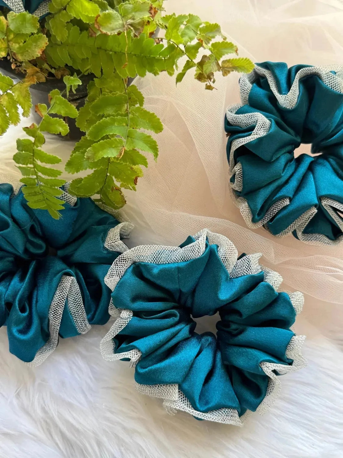 Bows and Bags India | Asian Blue - Luxurious Satin & Net Scrunchie- L Size | texture closeup | handmade hair accessories Indi