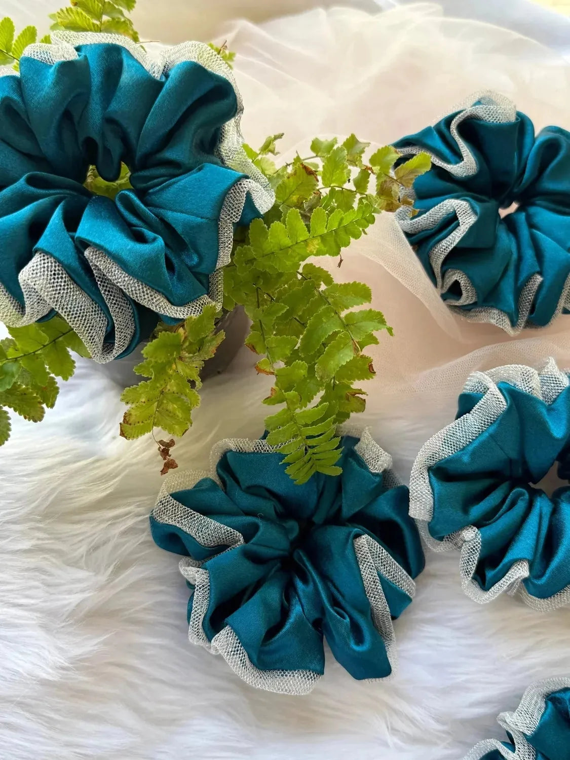 Bows and Bags India | Asian Blue - Luxurious Satin & Net Scrunchie- L Size | lifestyle shot | handmade hair accessories India