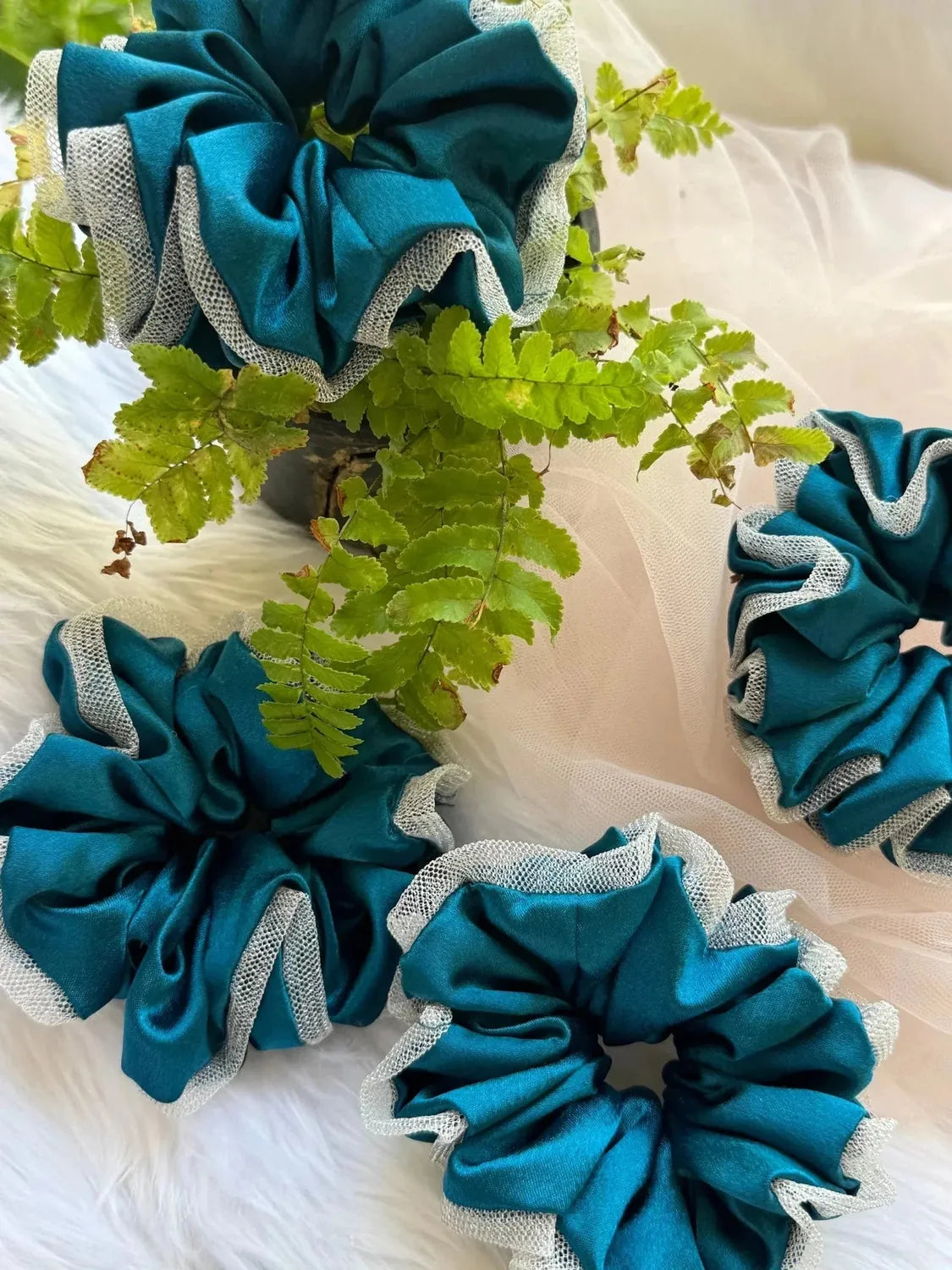 Bows and Bags India | Asian Blue - Luxurious Satin & Net Scrunchie- L Size | back view | handmade hair accessories India