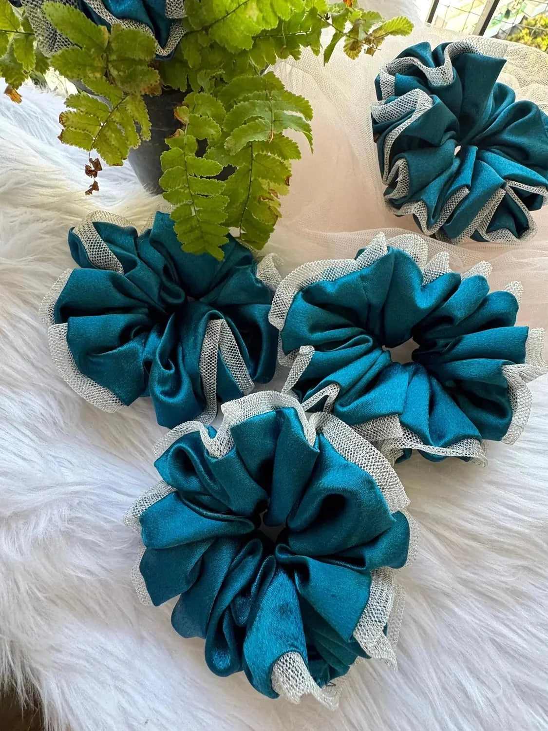 Bows and Bags India | Asian Blue - Luxurious Satin & Net Scrunchie- L Size | front view | handmade hair accessories India