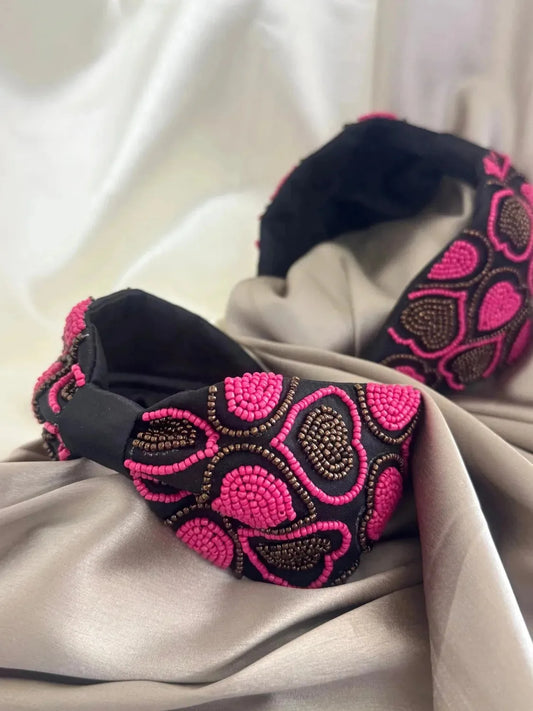 Bows and Bags India | Beaded Pink Heart -Elegant Satin Headband | front view | handmade hair accessories India