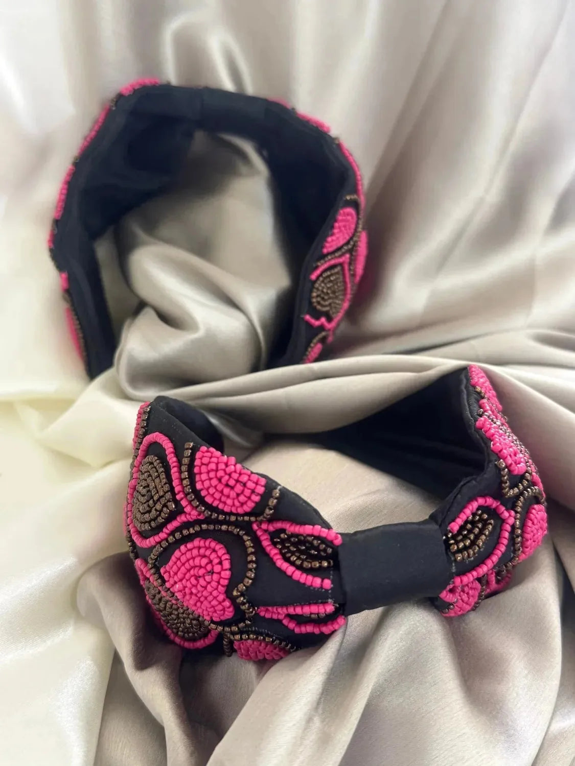 Bows and Bags India | Beaded Pink Heart -Elegant Satin Headband | side view | handmade hair accessories India