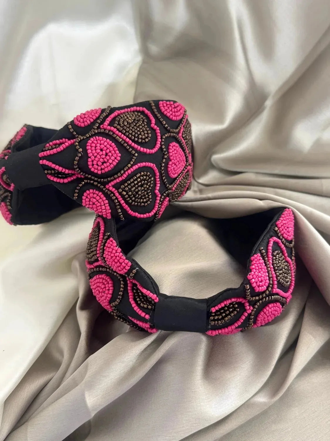 Bows and Bags India | Beaded Pink Heart -Elegant Satin Headband | detail view | handmade hair accessories India