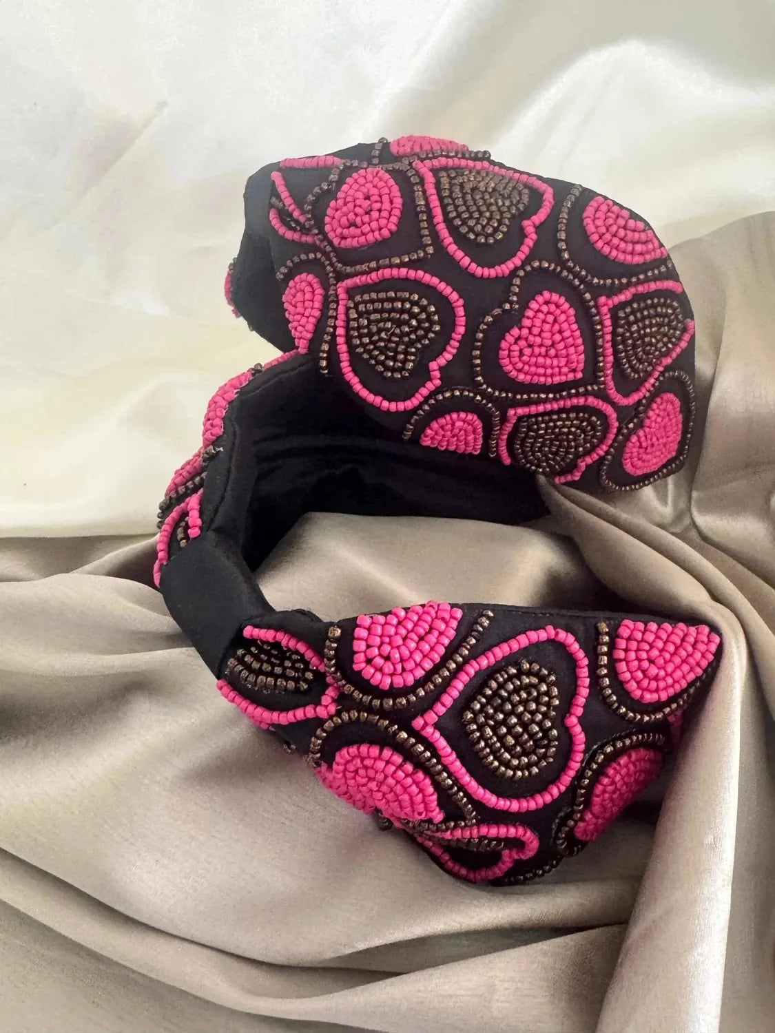 Bows and Bags India | Beaded Pink Heart -Elegant Satin Headband | in use | handmade hair accessories India