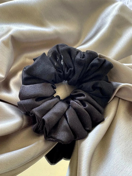Bows and Bags India | Black Rose - Luxe Satin & Net Scrunchie for a Bold & Elegant Look - L size | front view | handmade hair