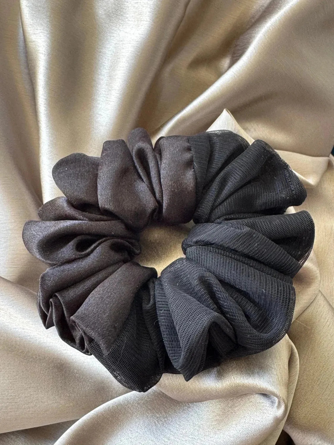 Bows and Bags India | Black Rose - Luxe Satin & Net Scrunchie for a Bold & Elegant Look - L size | side view | handmade hair 