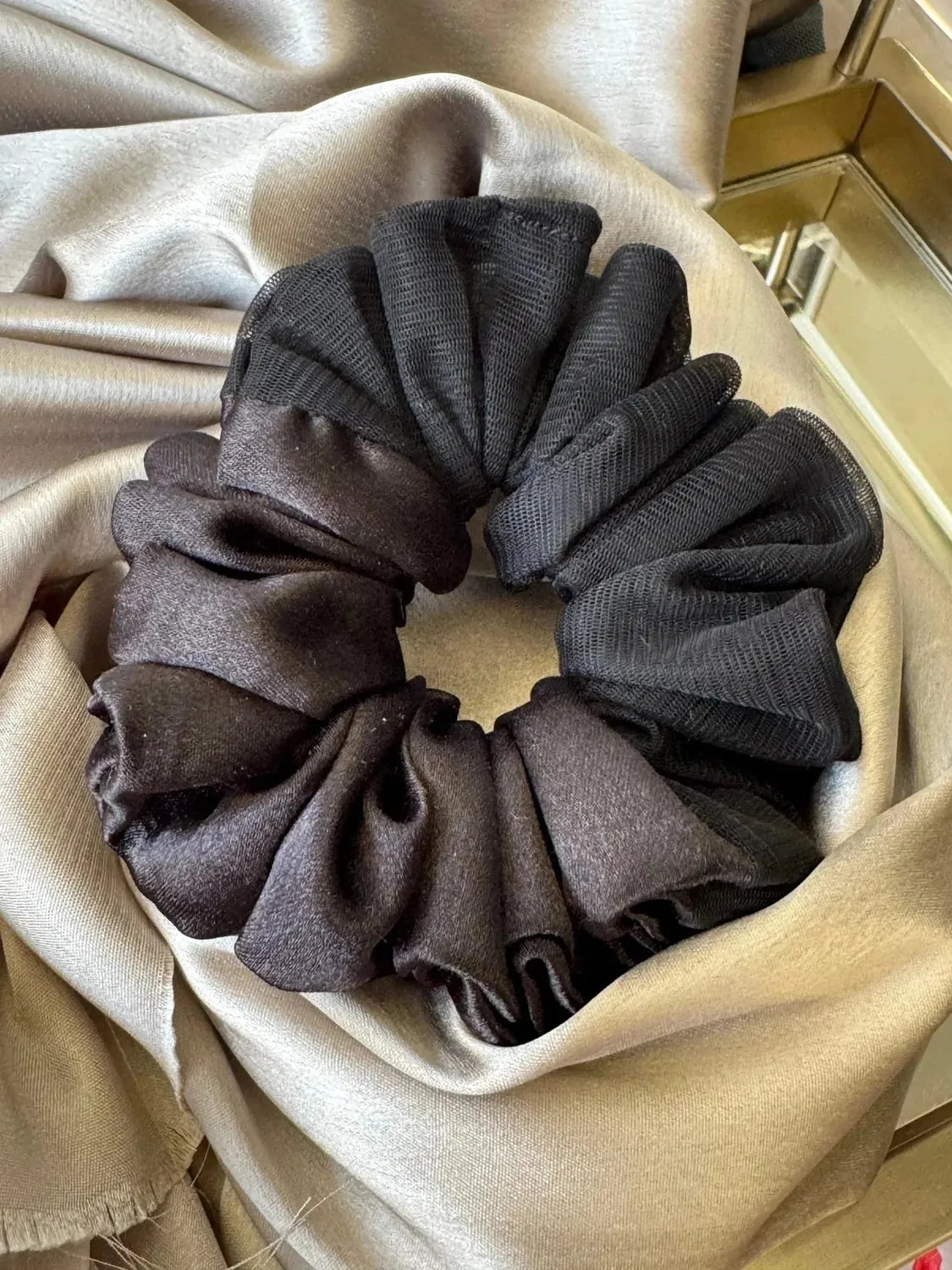 Bows and Bags India | Black Rose - Luxe Satin & Net Scrunchie for a Bold & Elegant Look - L size | detail view | handmade hai