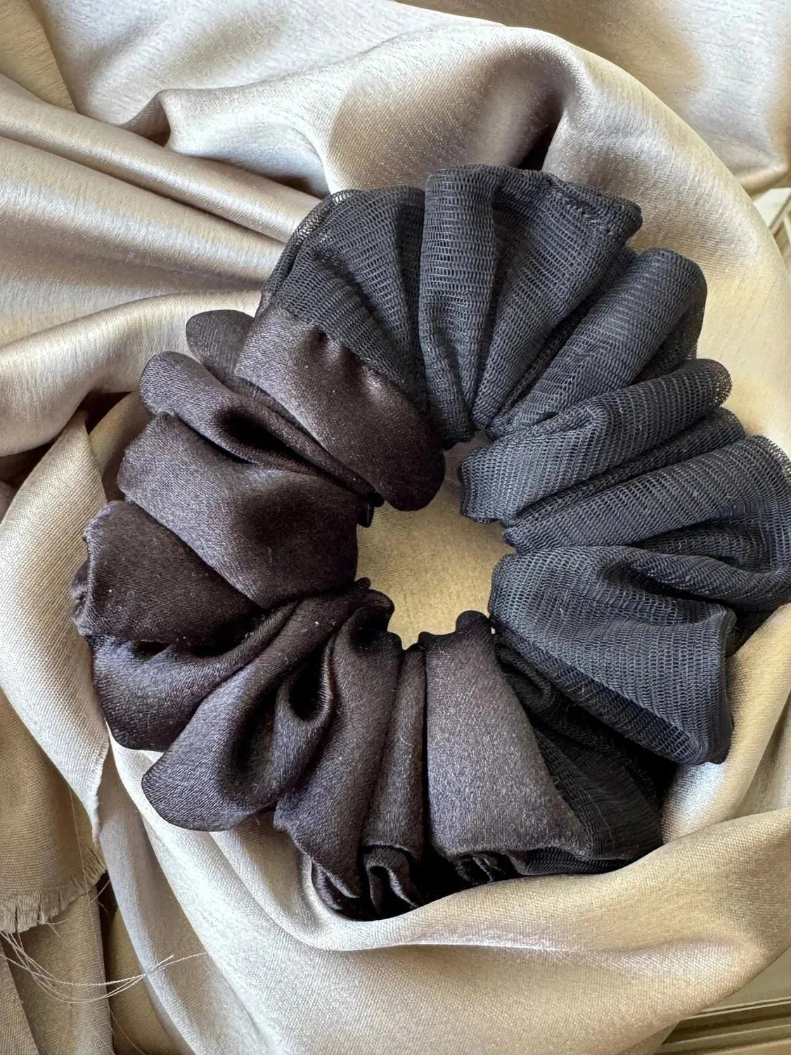 Bows and Bags India | Black Rose - Luxe Satin & Net Scrunchie for a Bold & Elegant Look - L size | in use | handmade hair acc