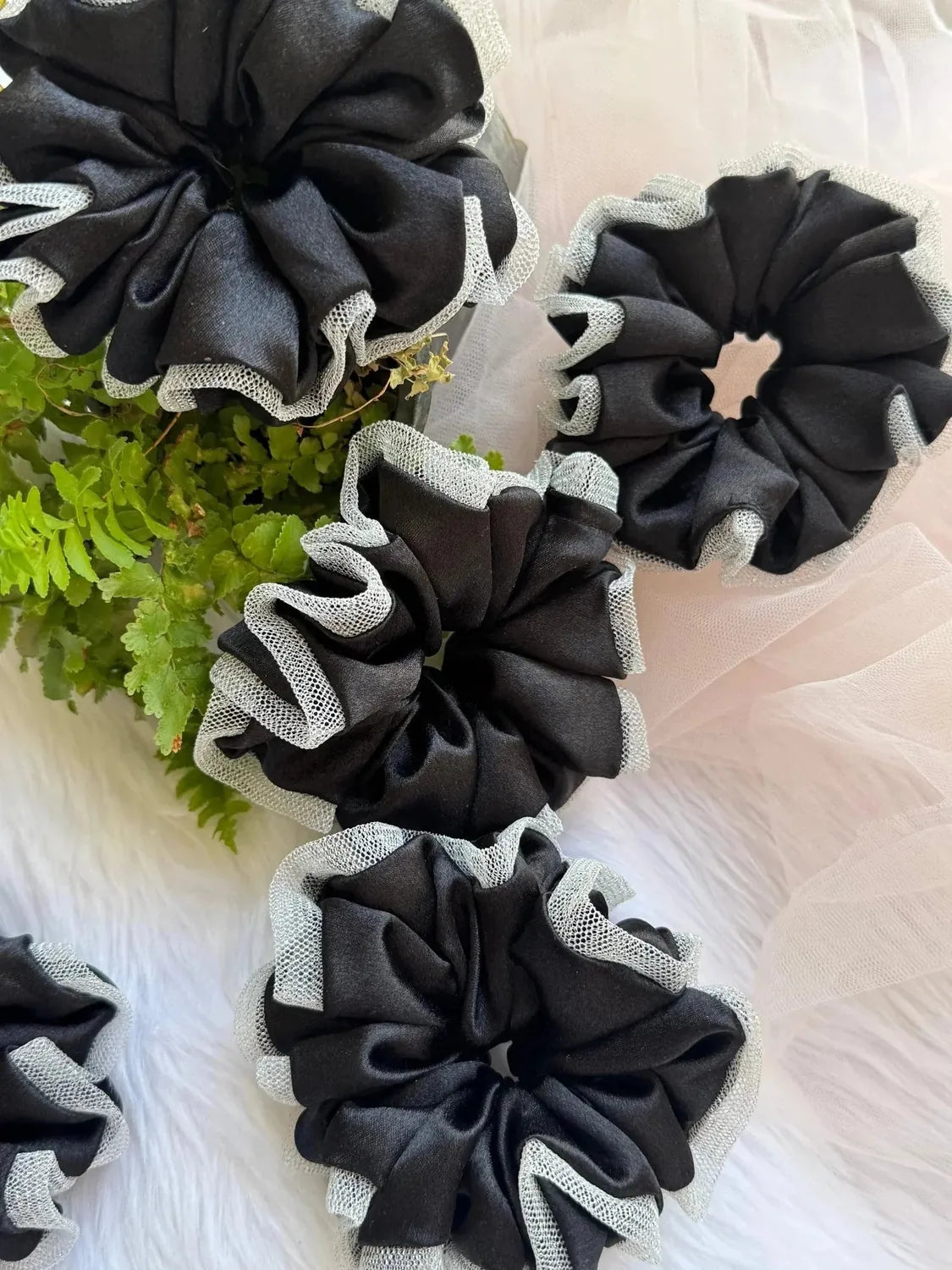 Bows and Bags India | Black Silva - Satin & Net Scrunchie - L Size | side view | handmade hair accessories India