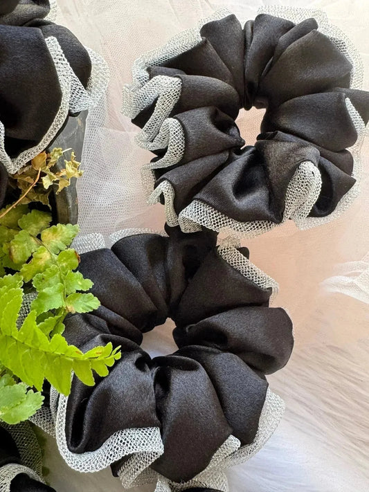 Bows and Bags India | Black Silva - Satin & Net Scrunchie - L Size | front view | handmade hair accessories India