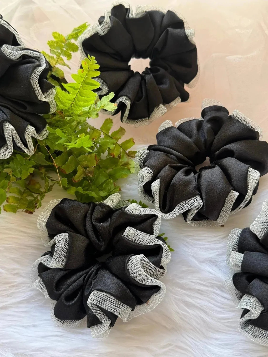 Bows and Bags India | Black Silva - Satin & Net Scrunchie - L Size | side view | handmade hair accessories India