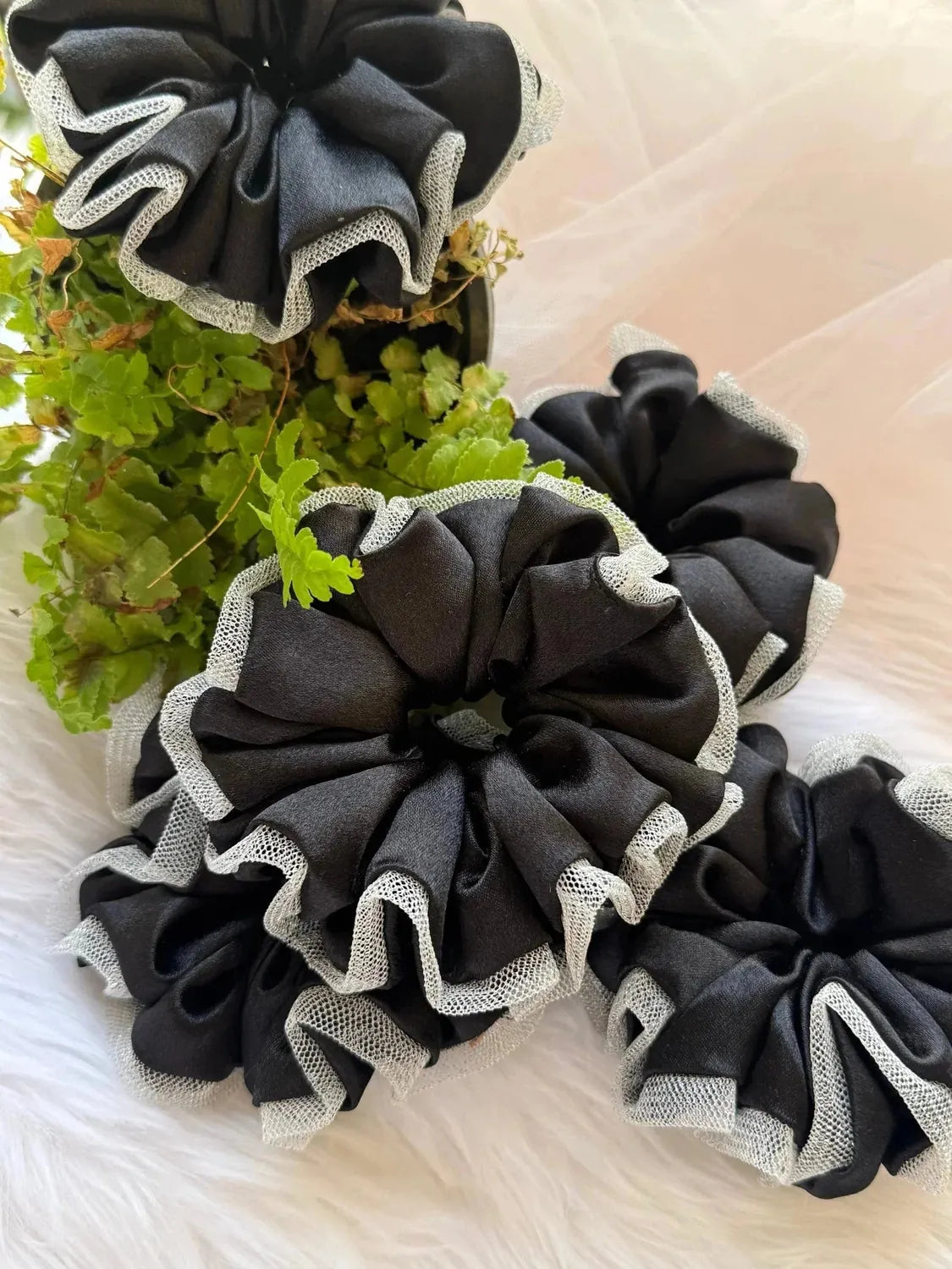 Bows and Bags India | Black Silva - Satin & Net Scrunchie - L Size | detail view | handmade hair accessories India