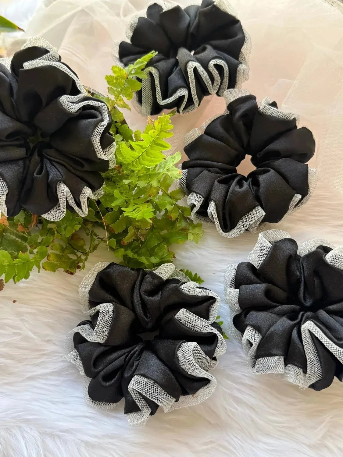 Bows and Bags India | Black Silva - Satin & Net Scrunchie - L Size | in use | handmade hair accessories India