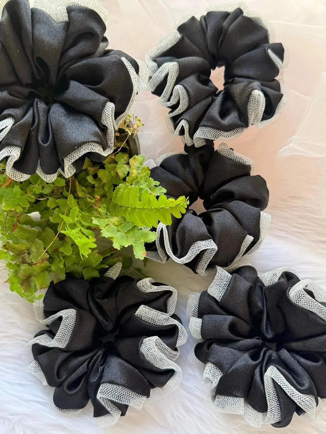 Bows and Bags India | Black Silva - Satin & Net Scrunchie - L Size | packaging | handmade hair accessories India