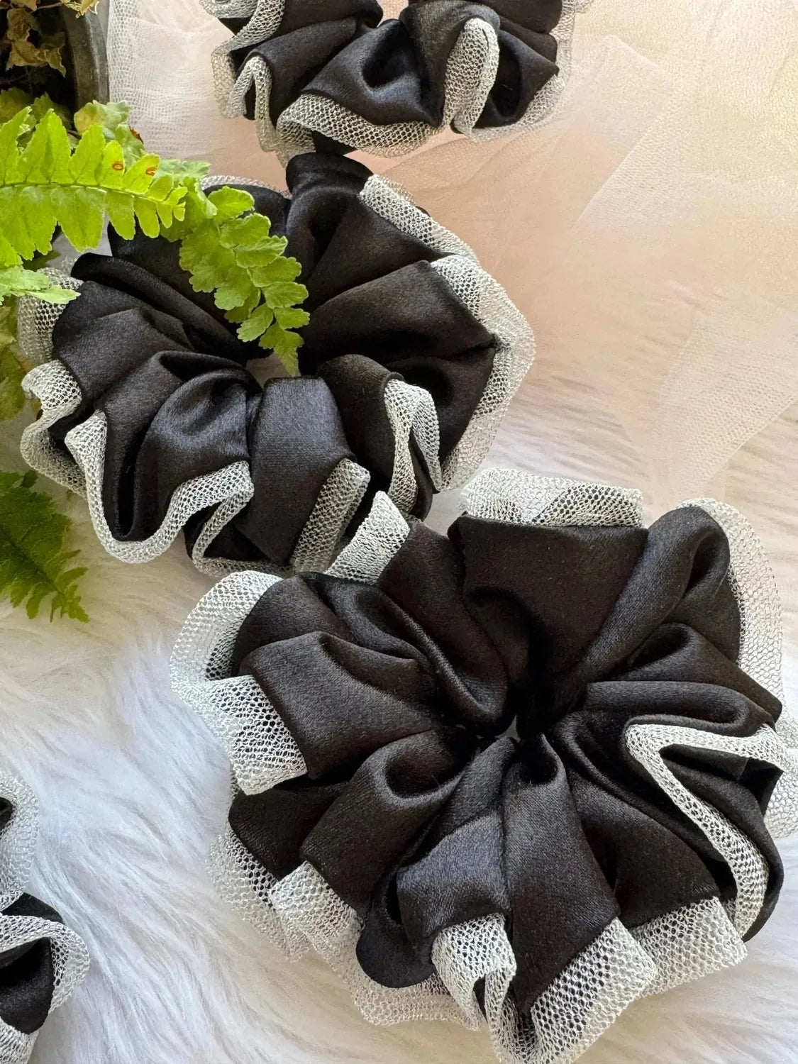 Bows and Bags India | Black Silva - Satin & Net Scrunchie - L Size | texture closeup | handmade hair accessories India