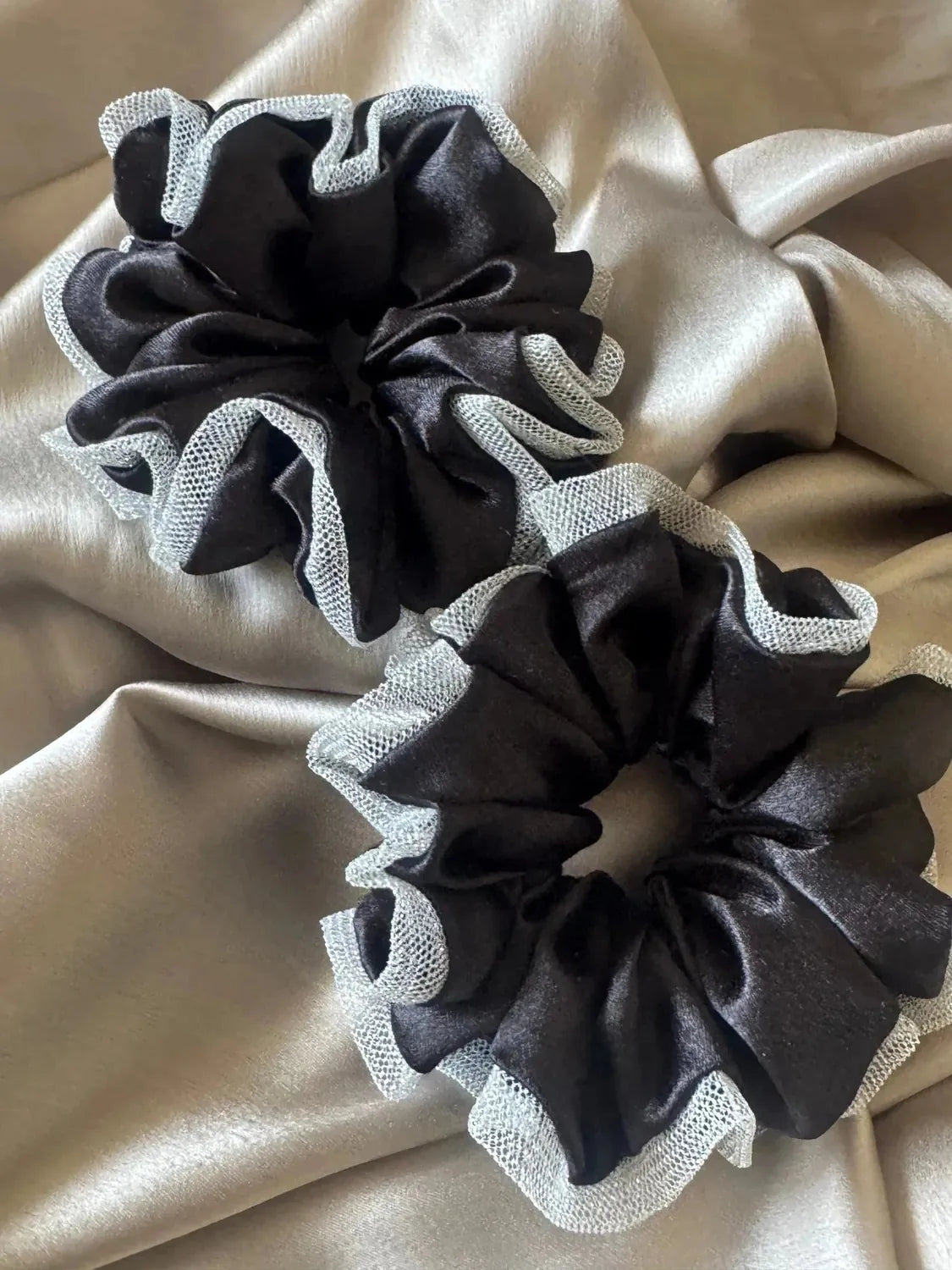Bows and Bags India | Black Silva - Satin & Net Scrunchie - L Size | lifestyle shot | handmade hair accessories India