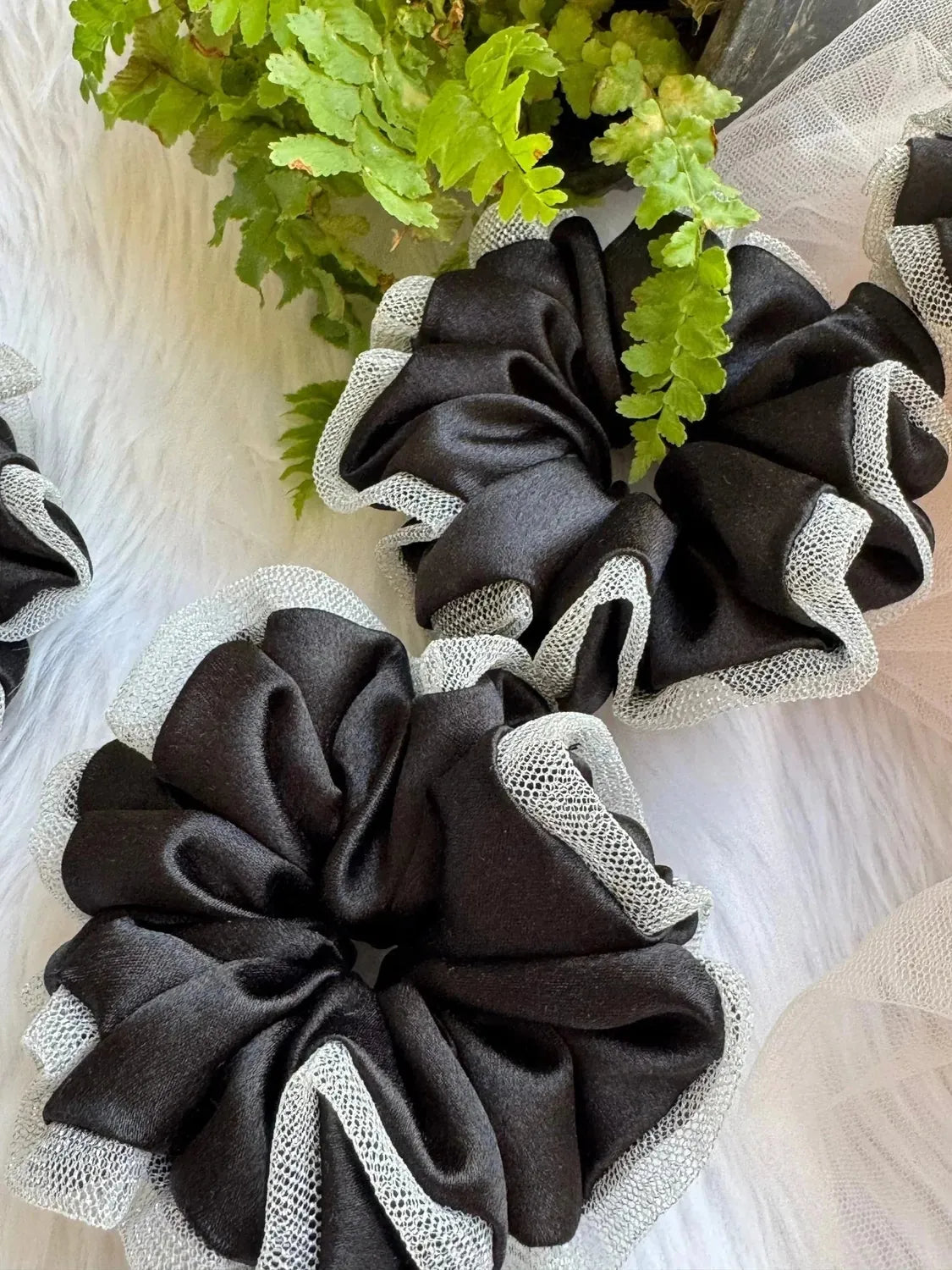Bows and Bags India | Black Silva - Satin & Net Scrunchie - L Size | back view | handmade hair accessories India