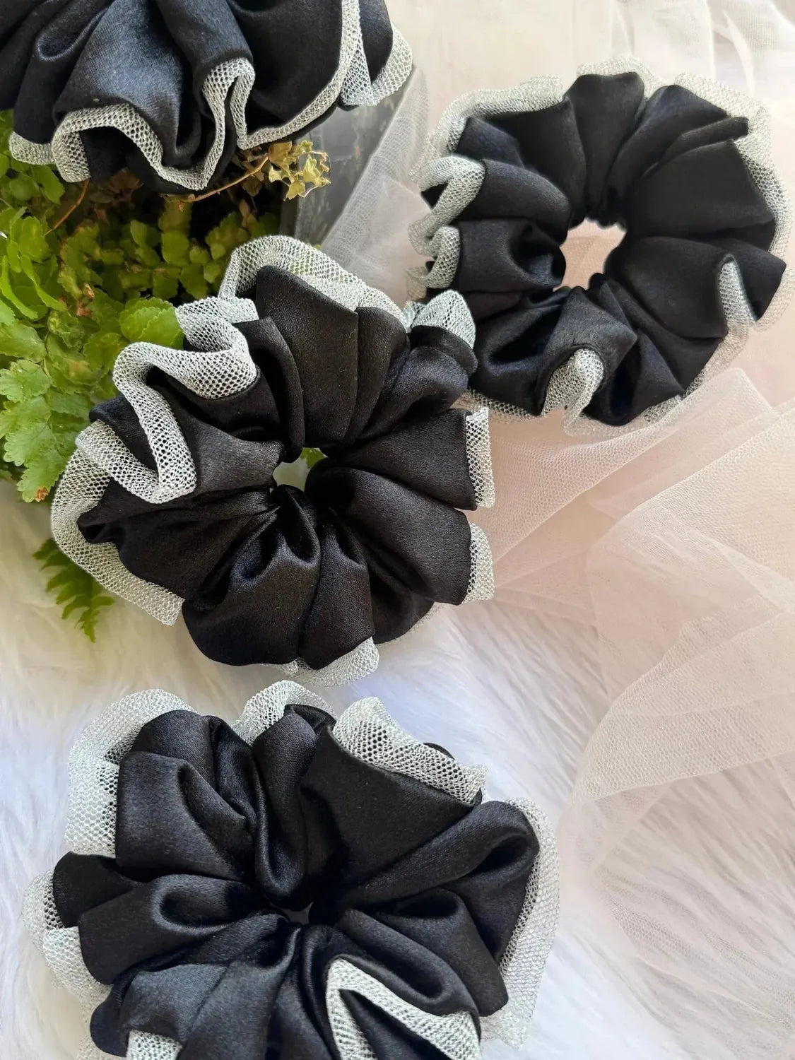 Bows and Bags India | Black Silva - Satin & Net Scrunchie - L Size | front view | handmade hair accessories India