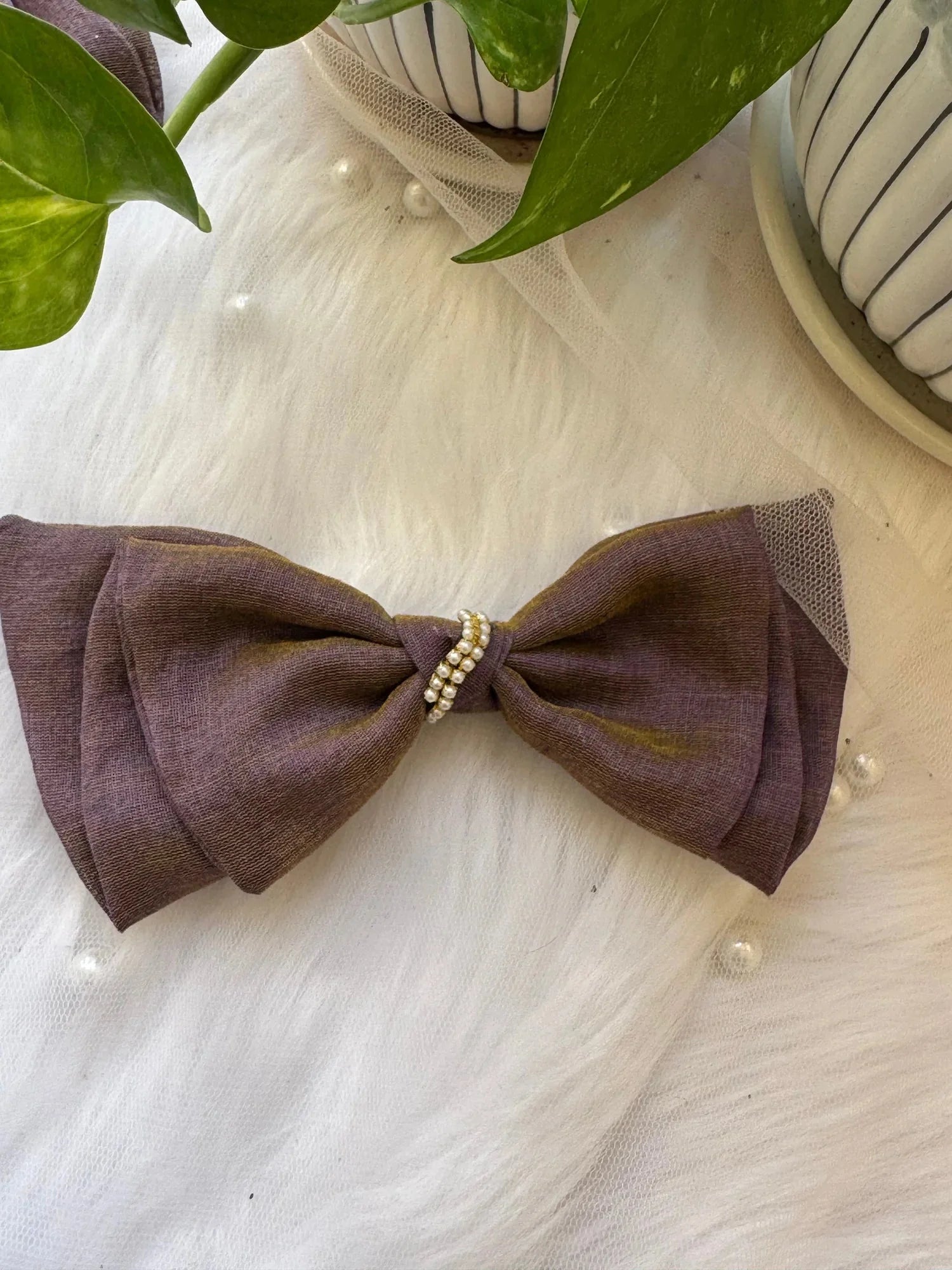 Blackcurrant Ice dual-tone cotton hair bow with pearl embellishment on wooden surface, handmade accessory by Bows and Bags