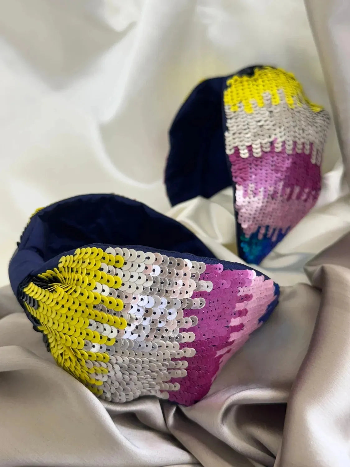 Bows and Bags India | Bling O Rainbow 1 -Multicolor Satin Headband | detail view | handmade hair accessories India