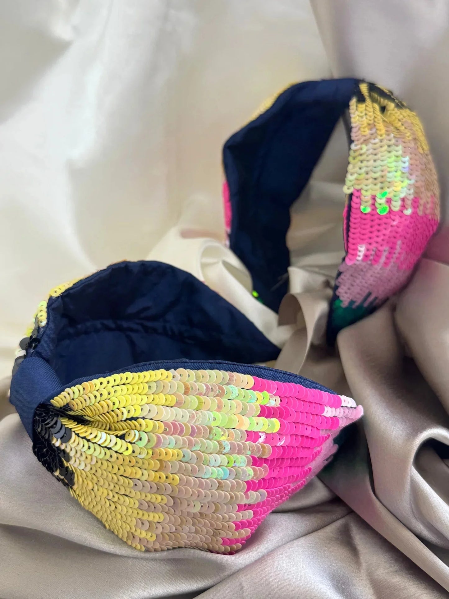 Bling O Rainbow 2 multicolor sequin satin headband with beaded design by Bows and Bags India, handmade hair accessory in