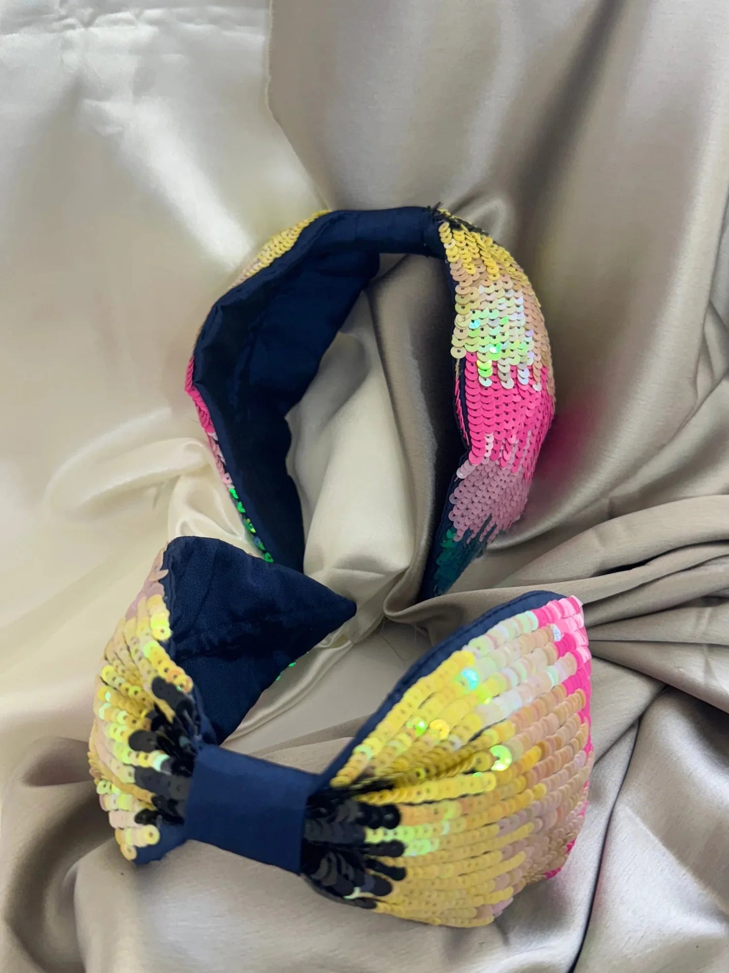 Colorful beaded multicolor satin headband by Bows and Bags India with sequin details, showing vibrant handmade hair
