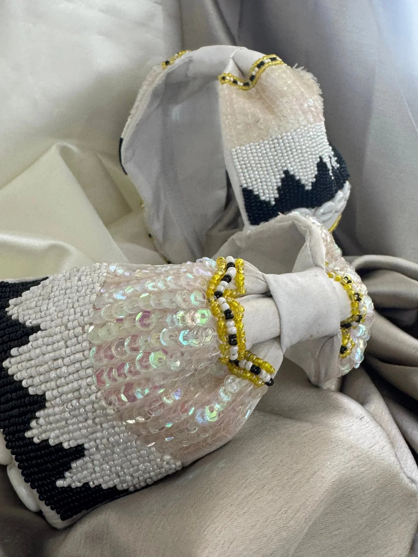 Boho Bling white satin headband with beaded detailing and gold accents, handmade by Bows and Bags India, lifestyle model shot