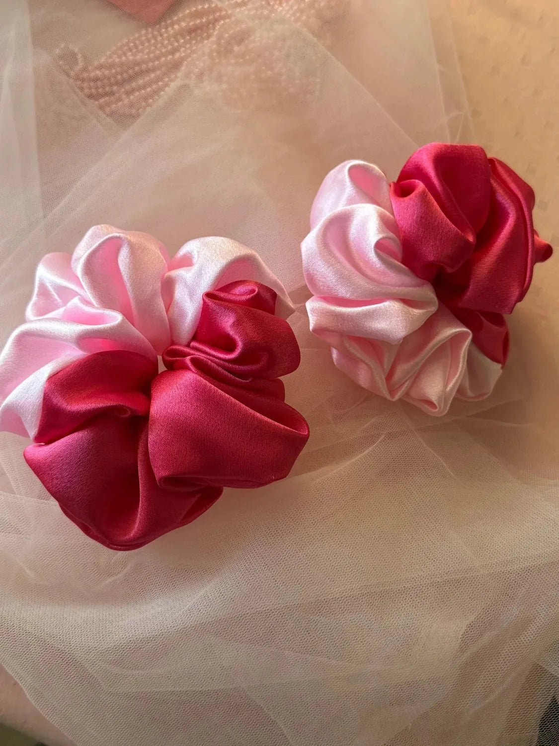 Bows and Bags India | Cherry Blossom - Satin Scrunchie | side view | handmade hair accessories India