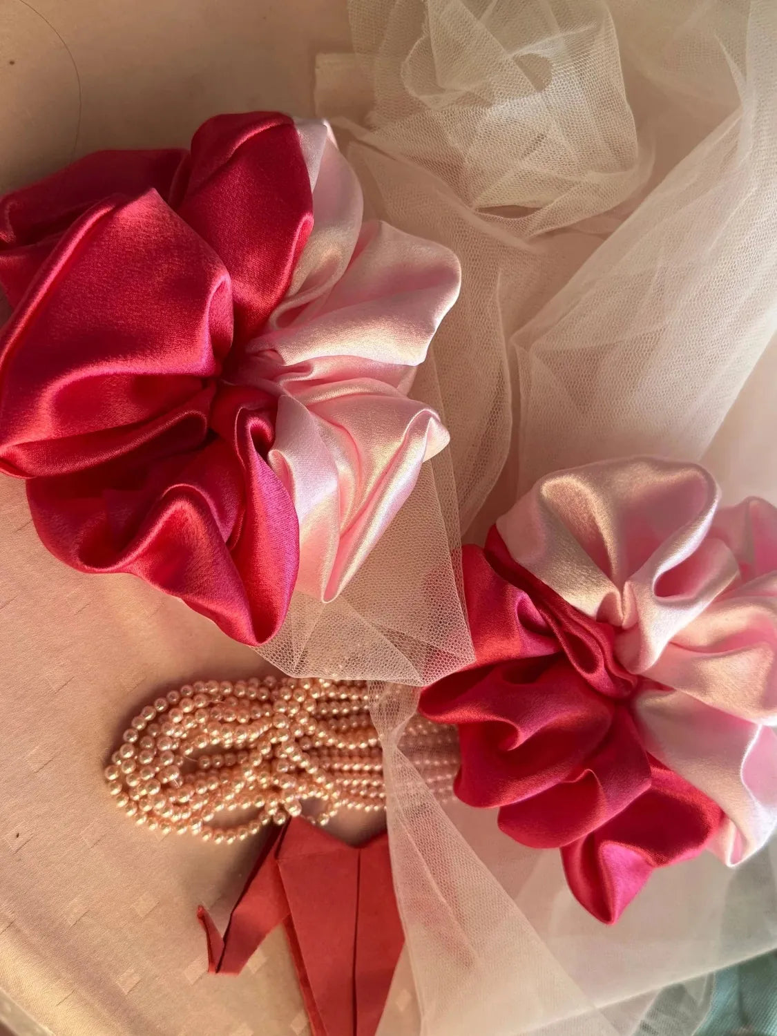 Bows and Bags India | Cherry Blossom - Satin Scrunchie | in use | handmade hair accessories India