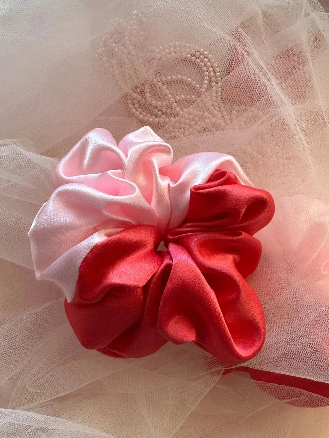 Bows and Bags India | Cherry Blossom - Satin Scrunchie | side view | handmade hair accessories India