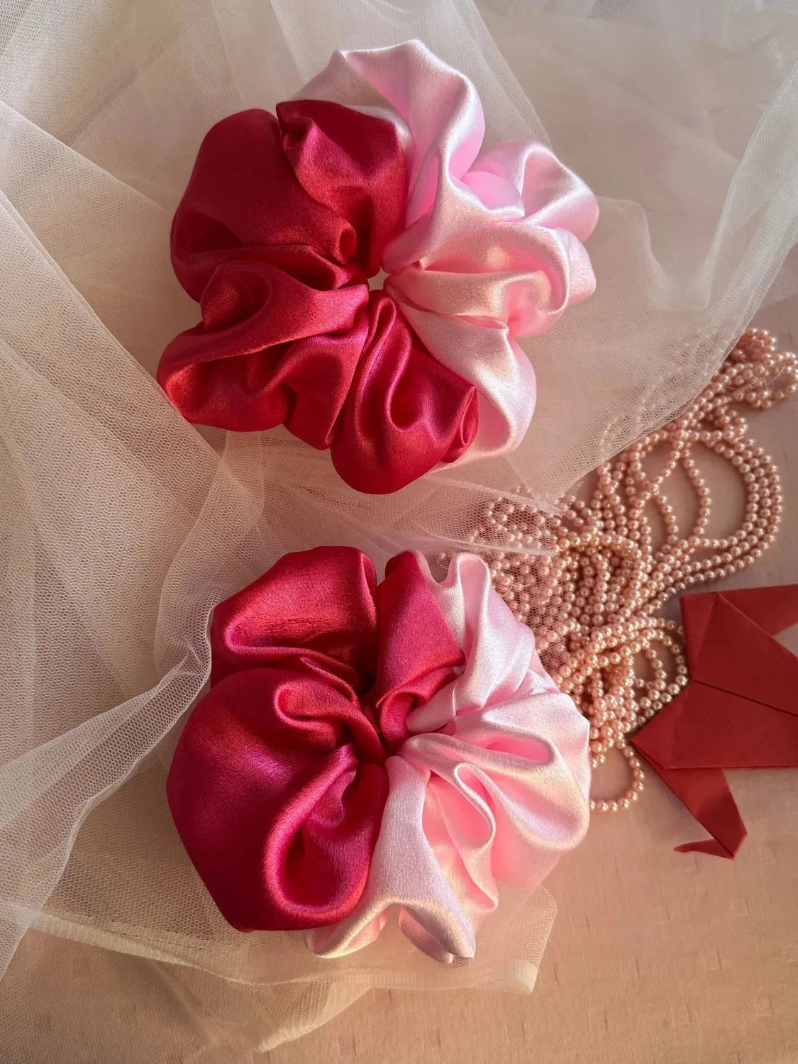 Bows and Bags India | Cherry Blossom - Satin Scrunchie | texture closeup | handmade hair accessories India