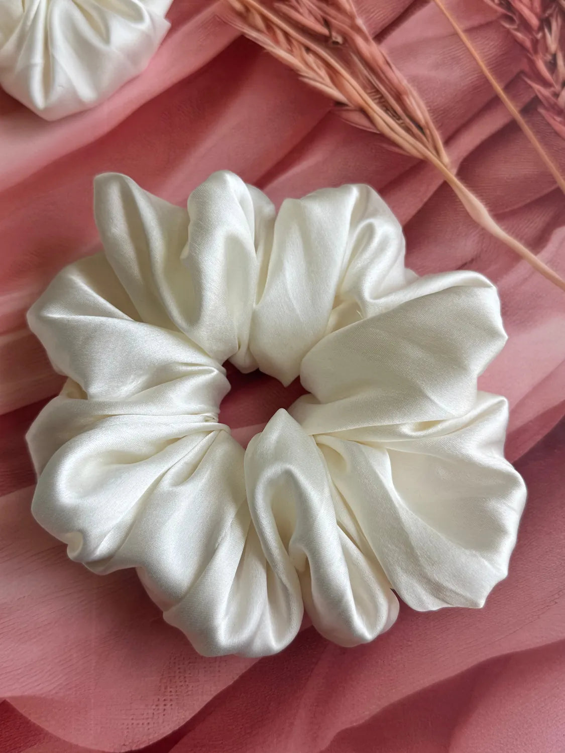 Bows and Bags India | Cloud Nine – Silky Smooth XL Oversized Satin Scrunchie | texture closeup | handmade hair accessories In