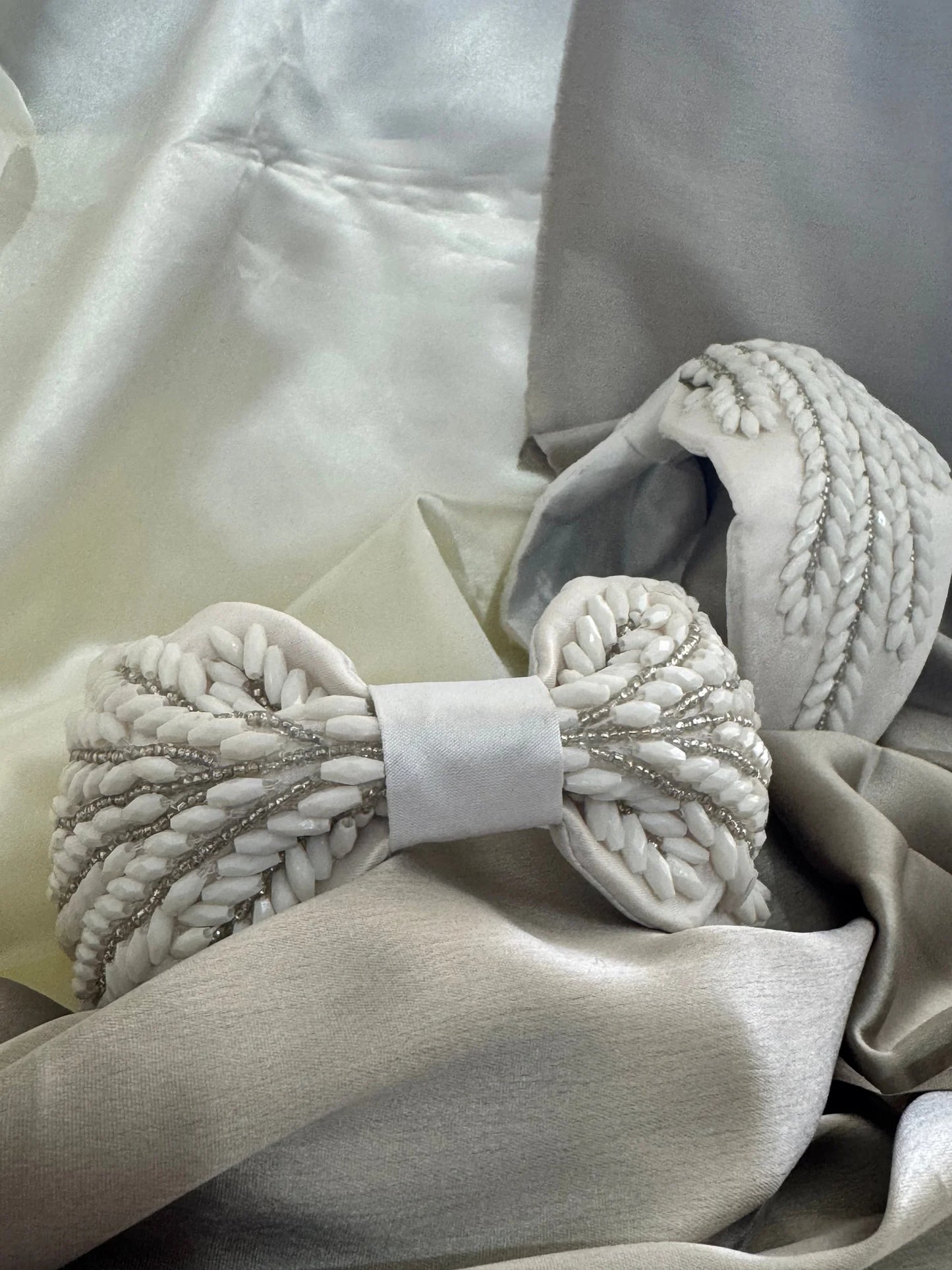 Handmade beaded satin headband detail showing intricate leaf design embellishments by Bows and Bags India