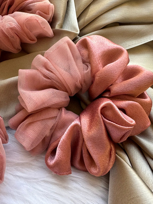 Coral pink and rose gold satin-net scrunchie with dual-texture mesh detail from Bows and Bags India handmade hair accessories