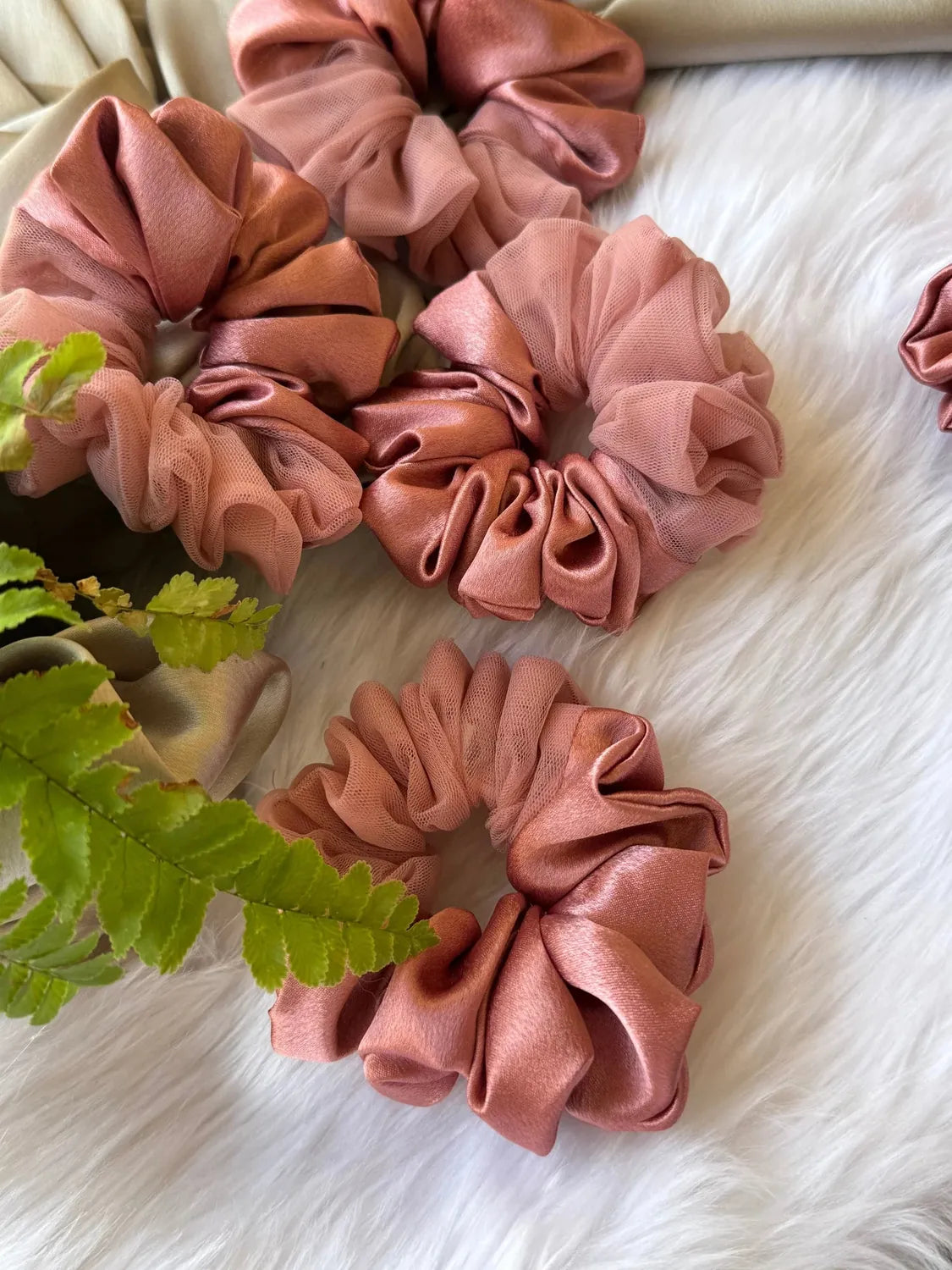 Bows and Bags India | Coral Pink - Elegant Rose Gold Satin- Net Scrunchie - L size | side view | handmade hair accessories In