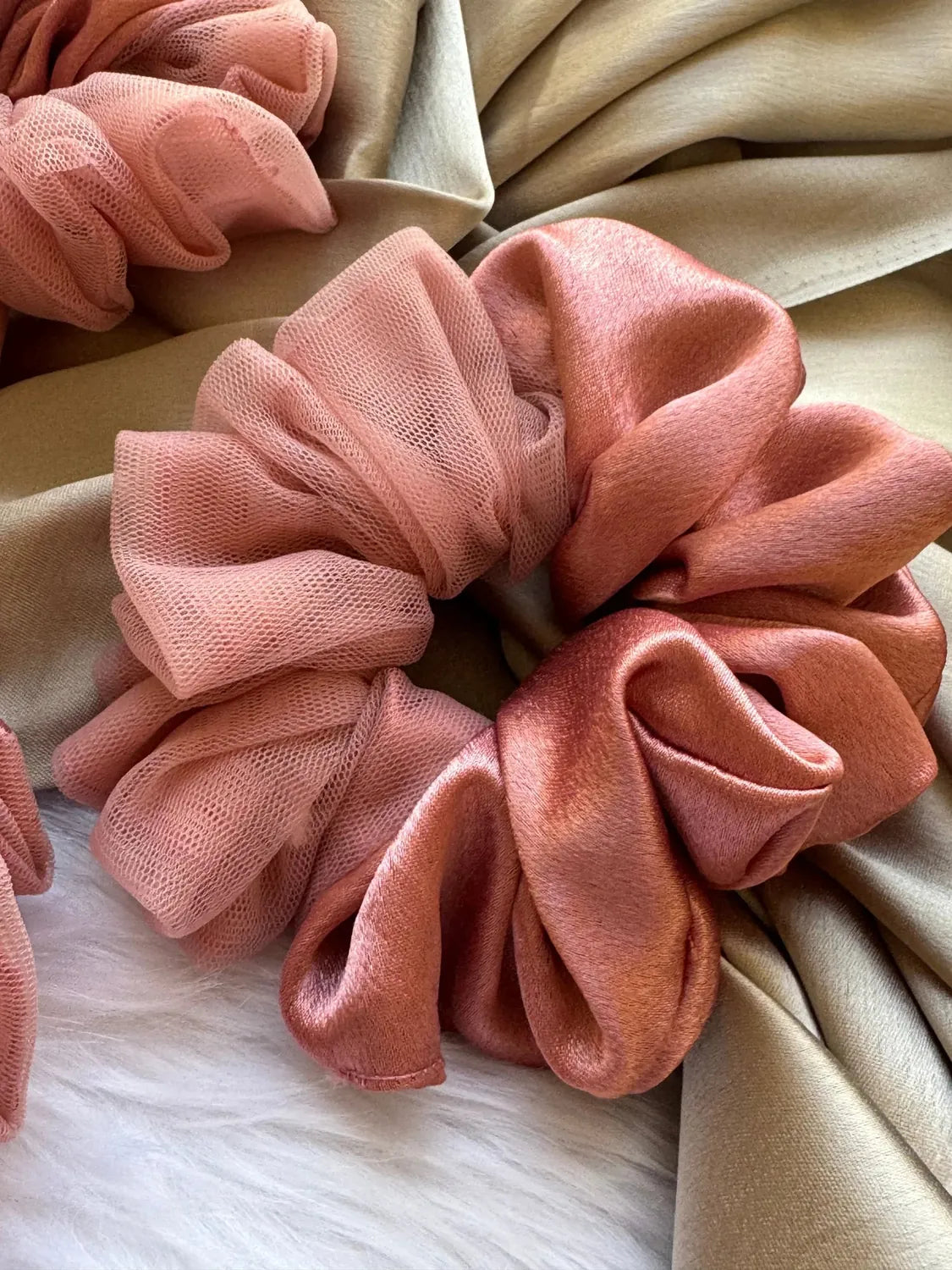 Bows and Bags India | Coral Pink - Elegant Rose Gold Satin- Net Scrunchie - L size | front view | handmade hair accessories I