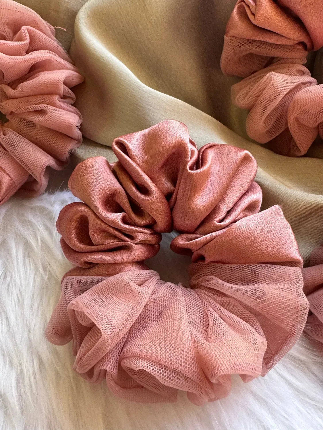 Bows and Bags India | Coral Pink - Elegant Rose Gold Satin- Net Scrunchie - L size | side view | handmade hair accessories In