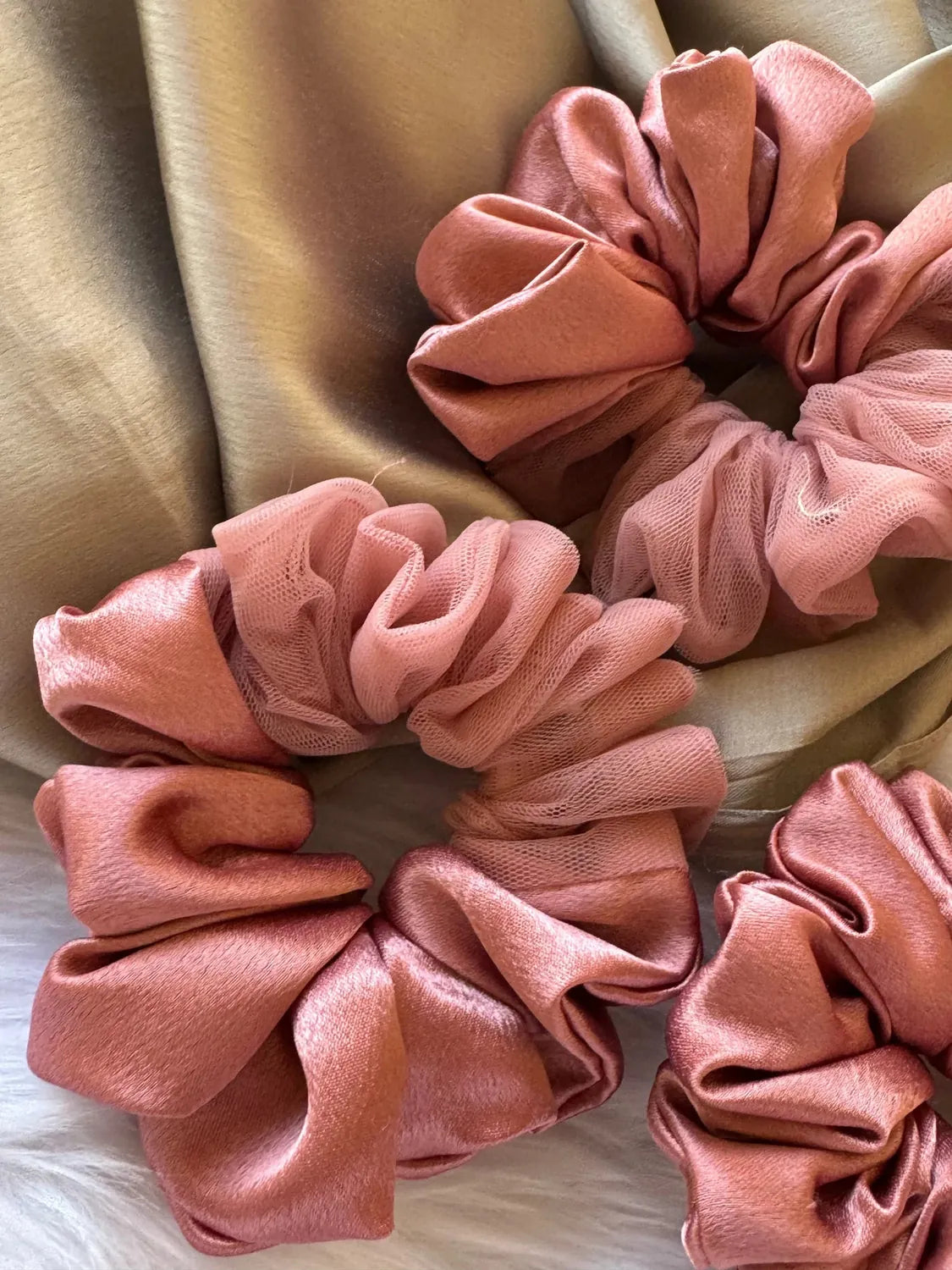 Bows and Bags India | Coral Pink - Elegant Rose Gold Satin- Net Scrunchie - L size | detail view | handmade hair accessories 
